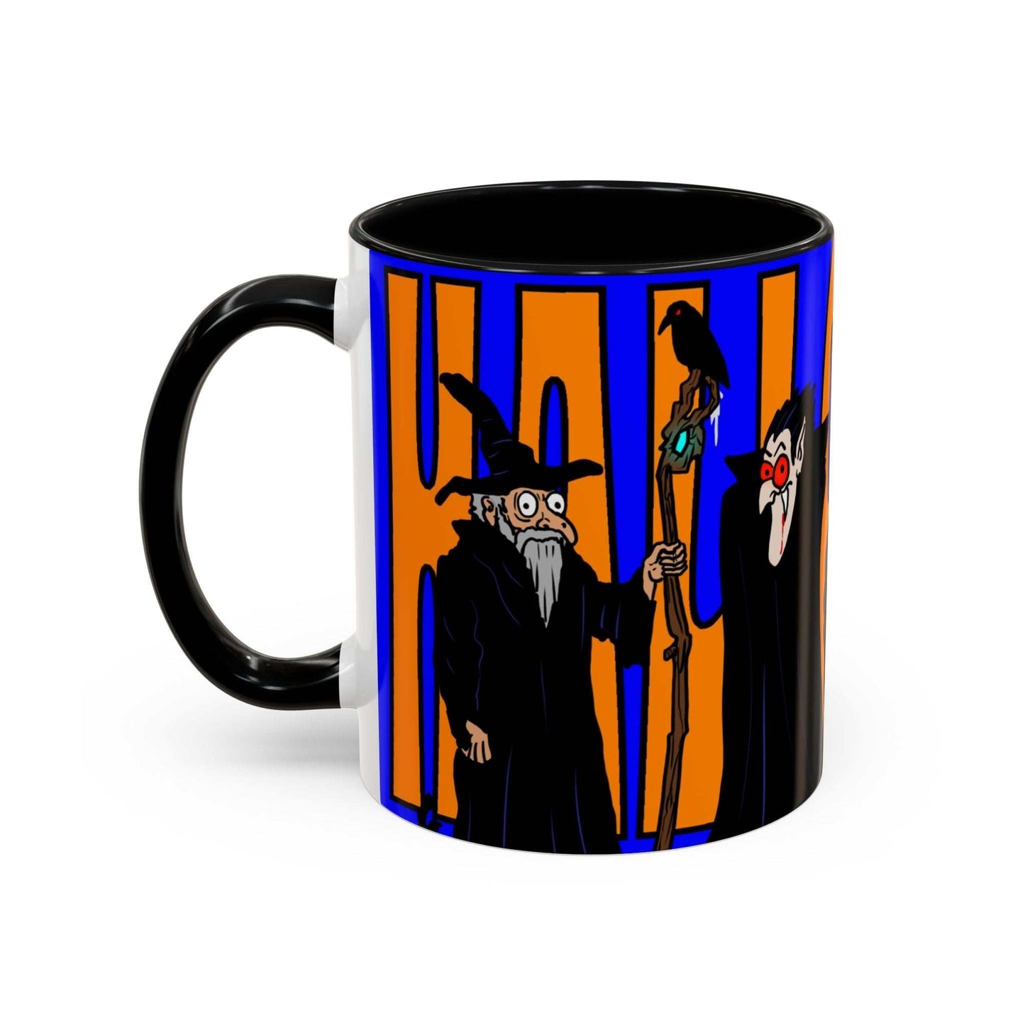 Halloween coffee mug, vibrant design, available in 11oz and 15oz sizes.