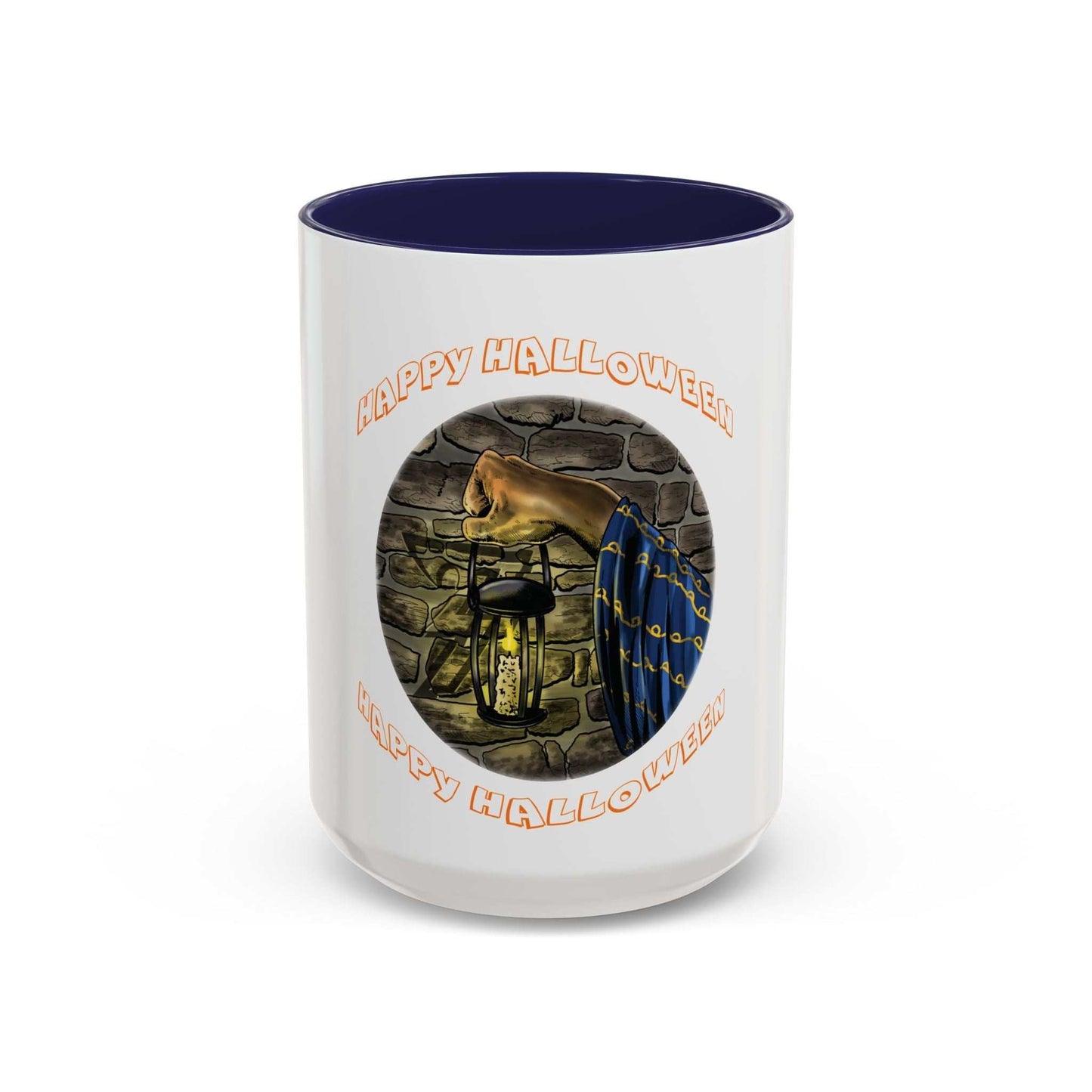 Halloween Wizard Coffee Mug with lantern design and blue interior, perfect for spooky season.