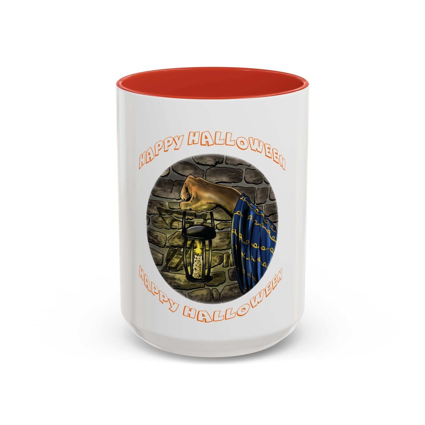 Halloween Wizard Coffee Mug with spooky design, vibrant colors, and red interior.