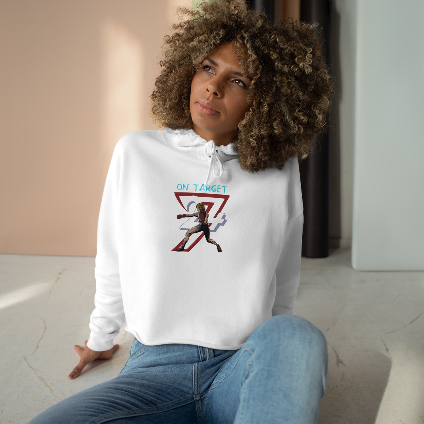 Unique Design Female Boxer illustrated crop hoodie white with person