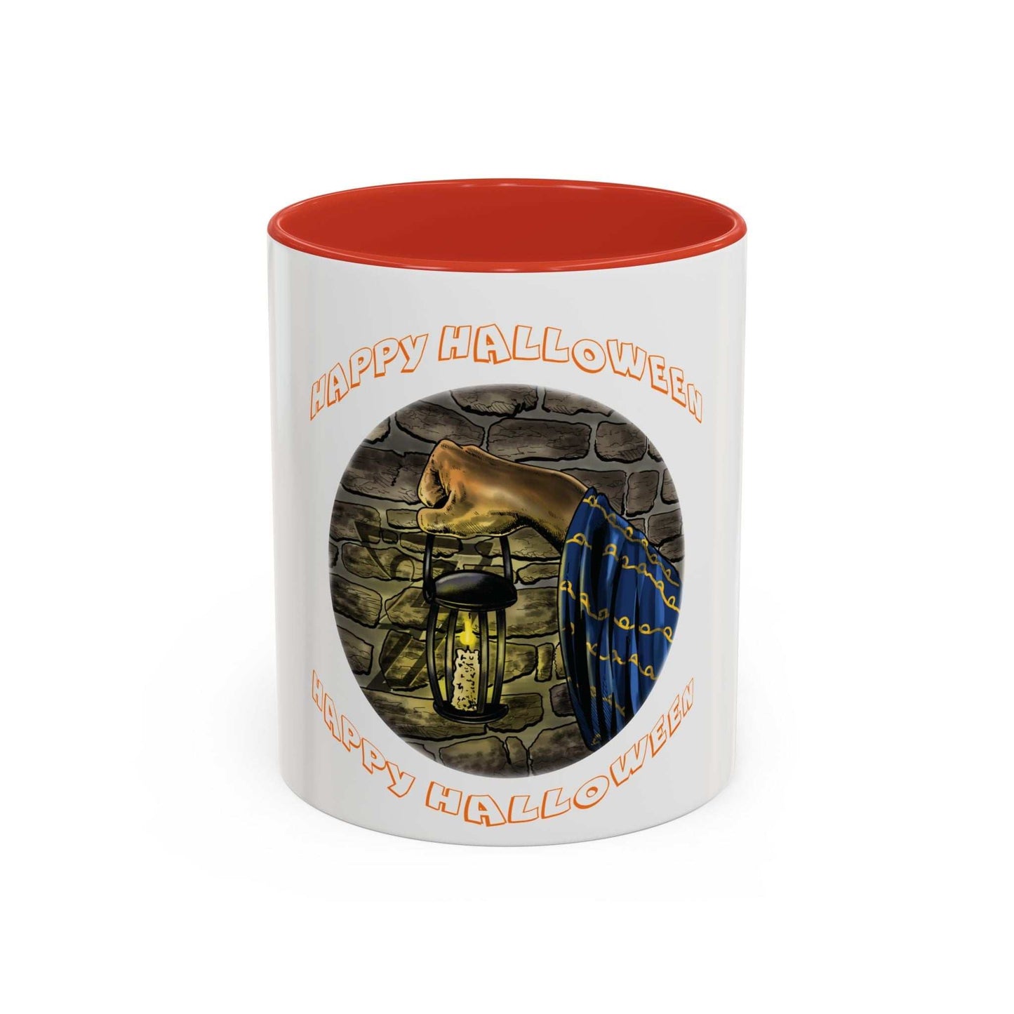 Halloween Wizard Coffee Mug with vibrant design and red interior.