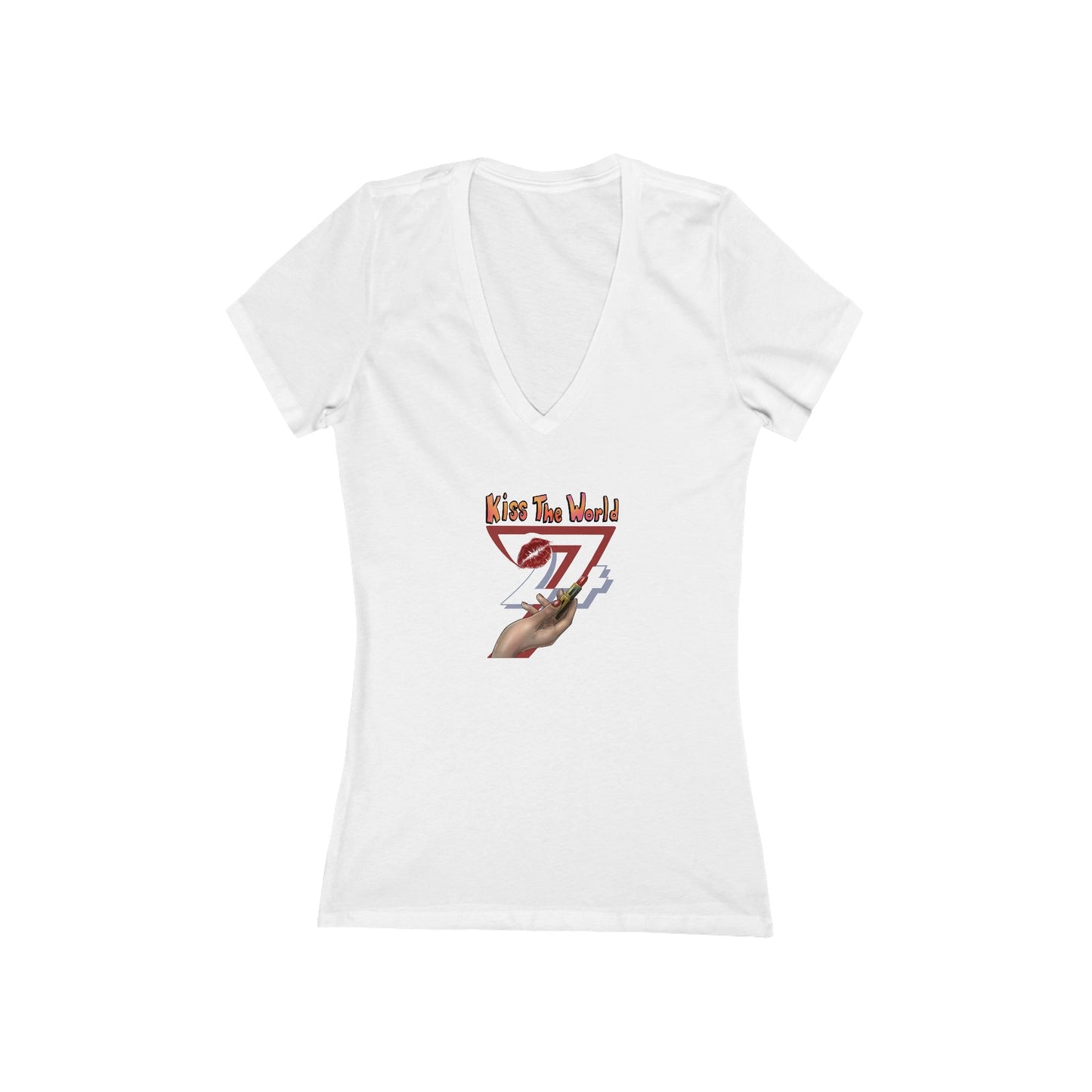 Unique Design Kiss The World -v-neck t-shirt white