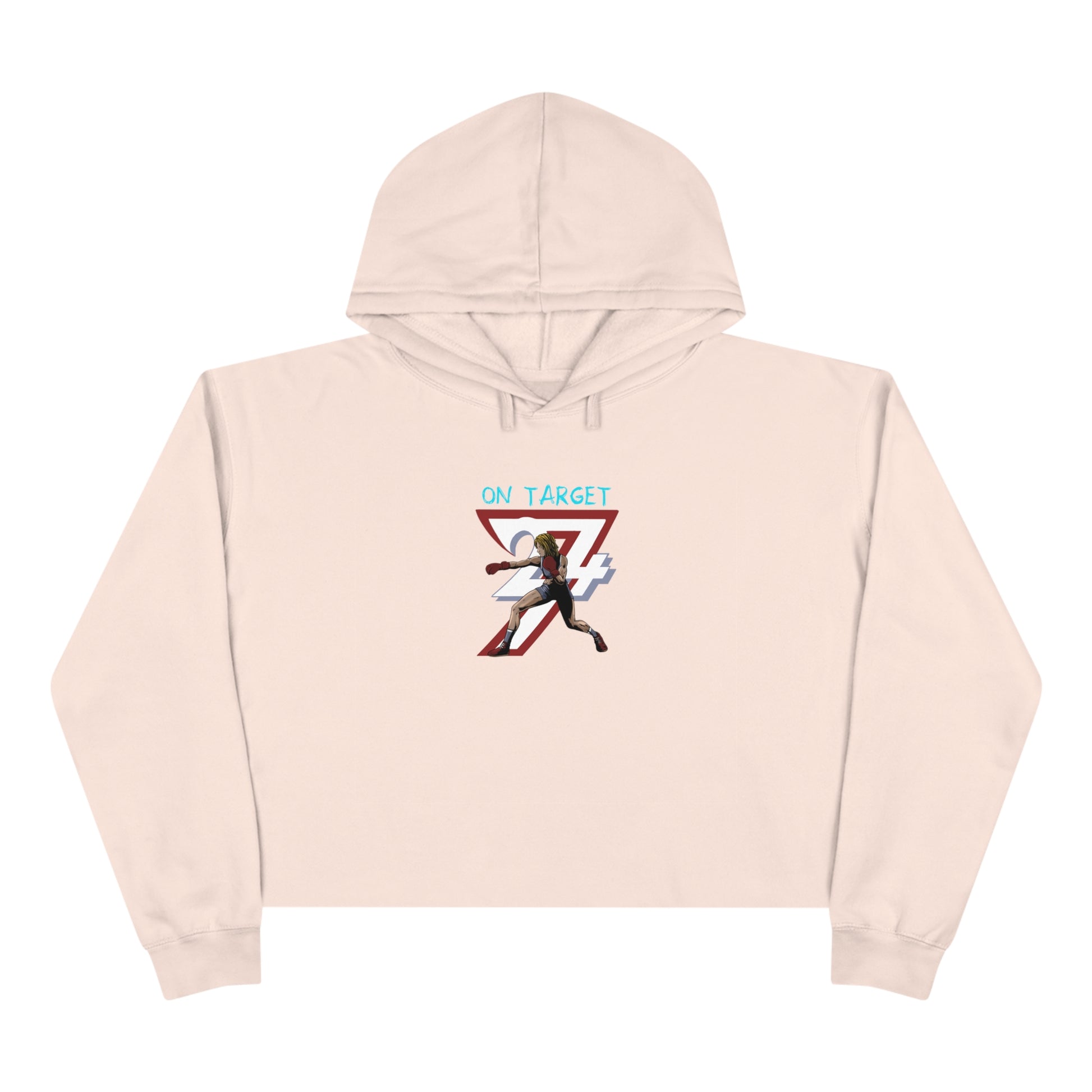 Unique Design Female Boxer illustrated crop hoodie pale pink front view