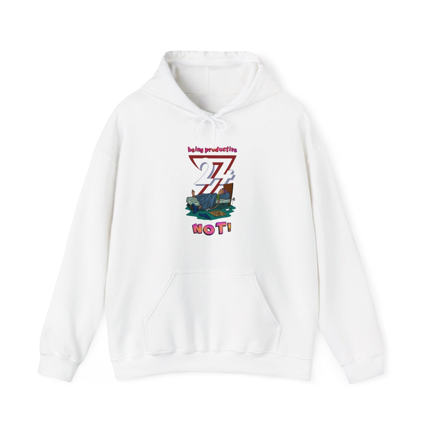 White hoodie featuring a colorful "Lazy Teen 24/7" print, designed for comfort and style.