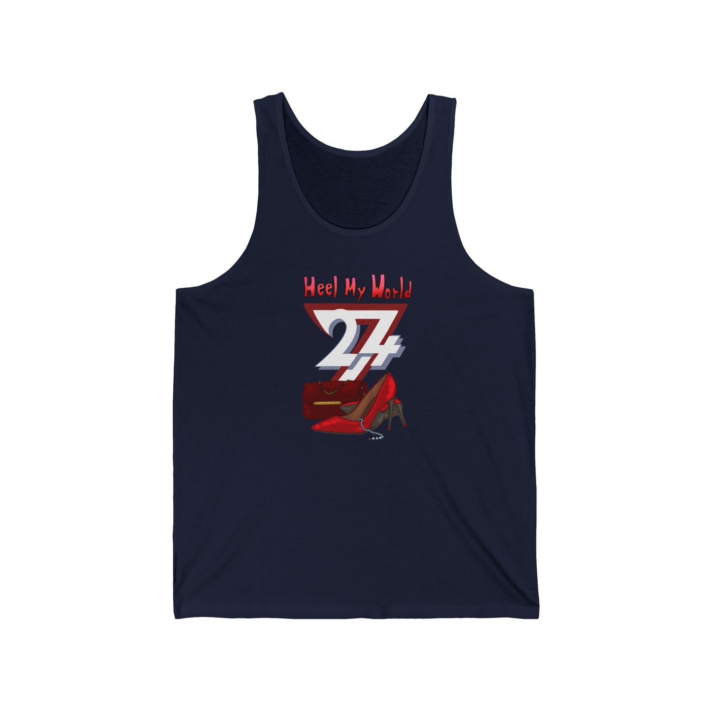 Unique design heel my world women's jersey tank top navy