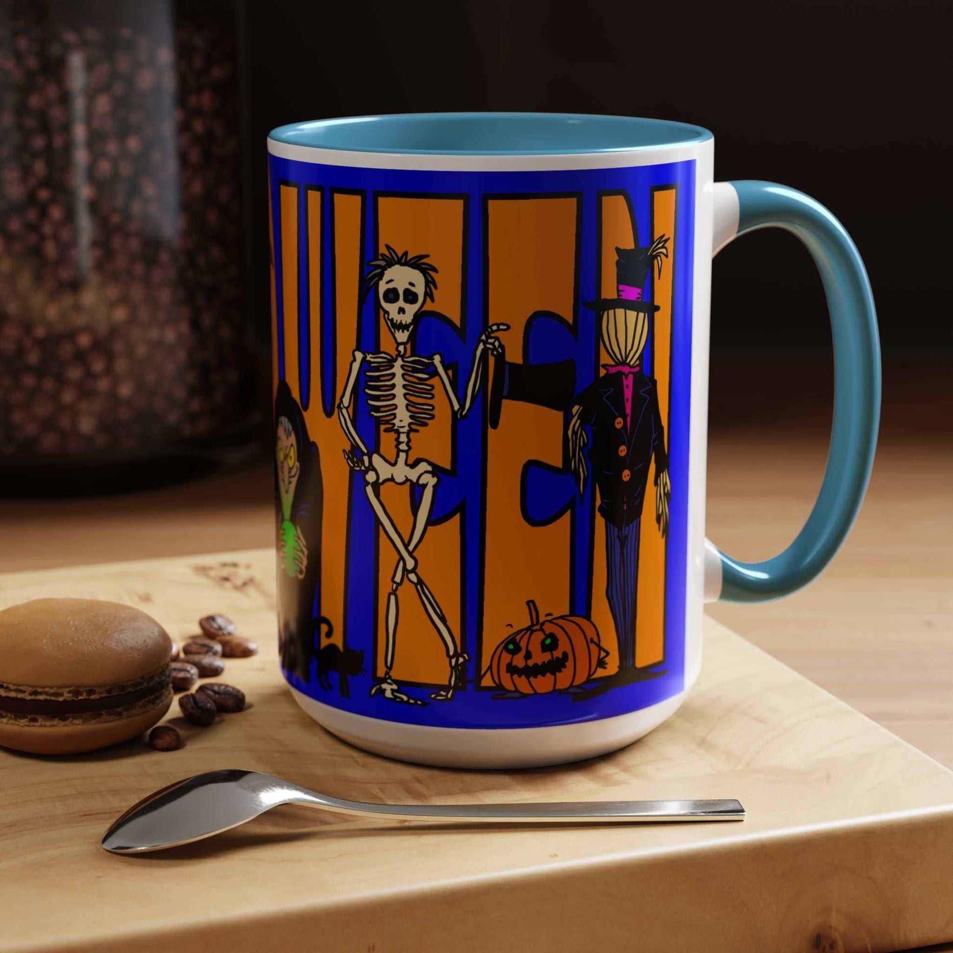 Halloween Coffee Mug, vibrant spooky design, available in 11oz and 15oz sizes.