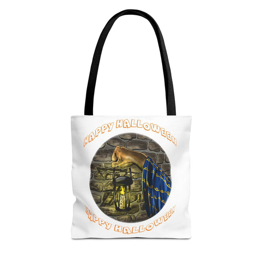 Halloween Tote Bag with spooky design, durable 100% polyester, reinforced handles, and boxed corners for extra space. Ideal for Halloween lovers.