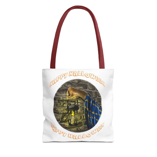 Halloween Tote Bag with spooky design, durable polyester, reinforced handles, and boxed corners for extra room.