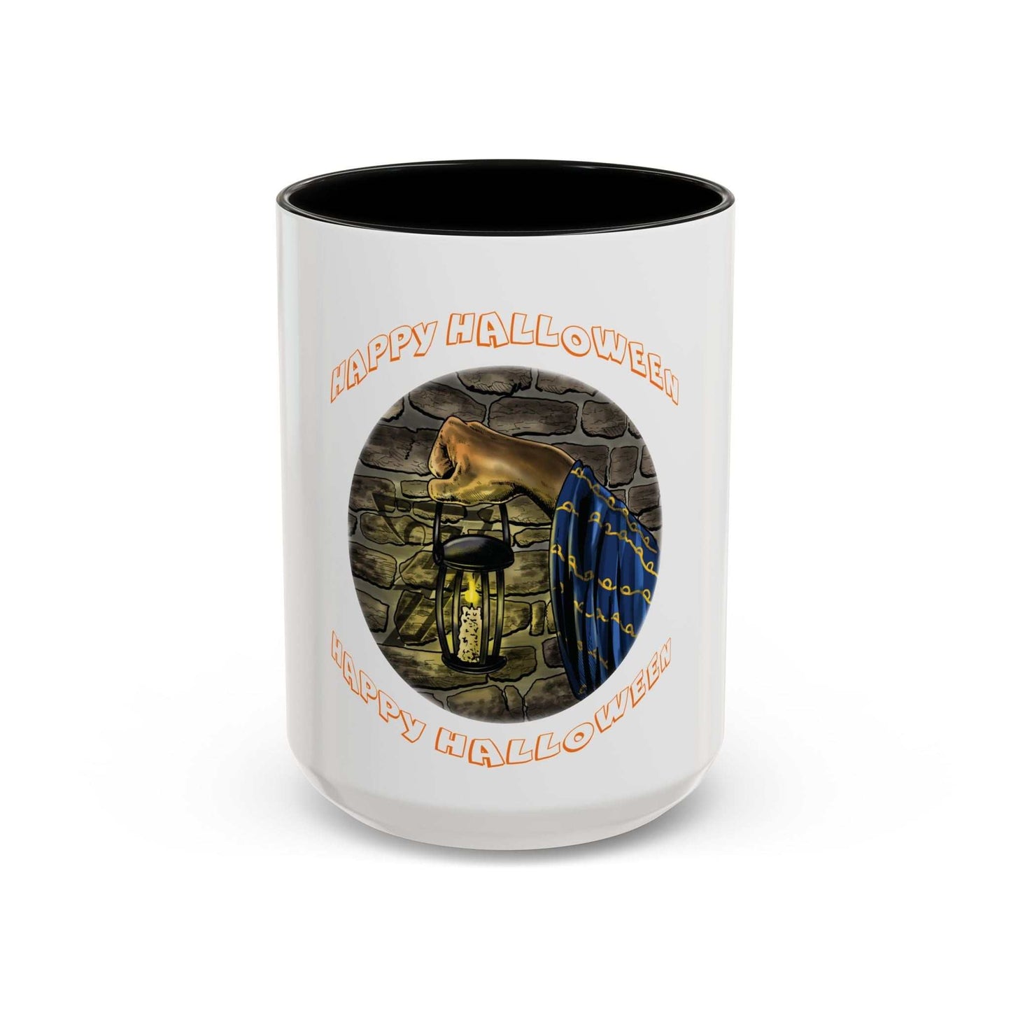 Halloween Wizard Coffee Mug with vibrant design, ideal for microwave and dishwasher use, available in 11oz and 15oz sizes.