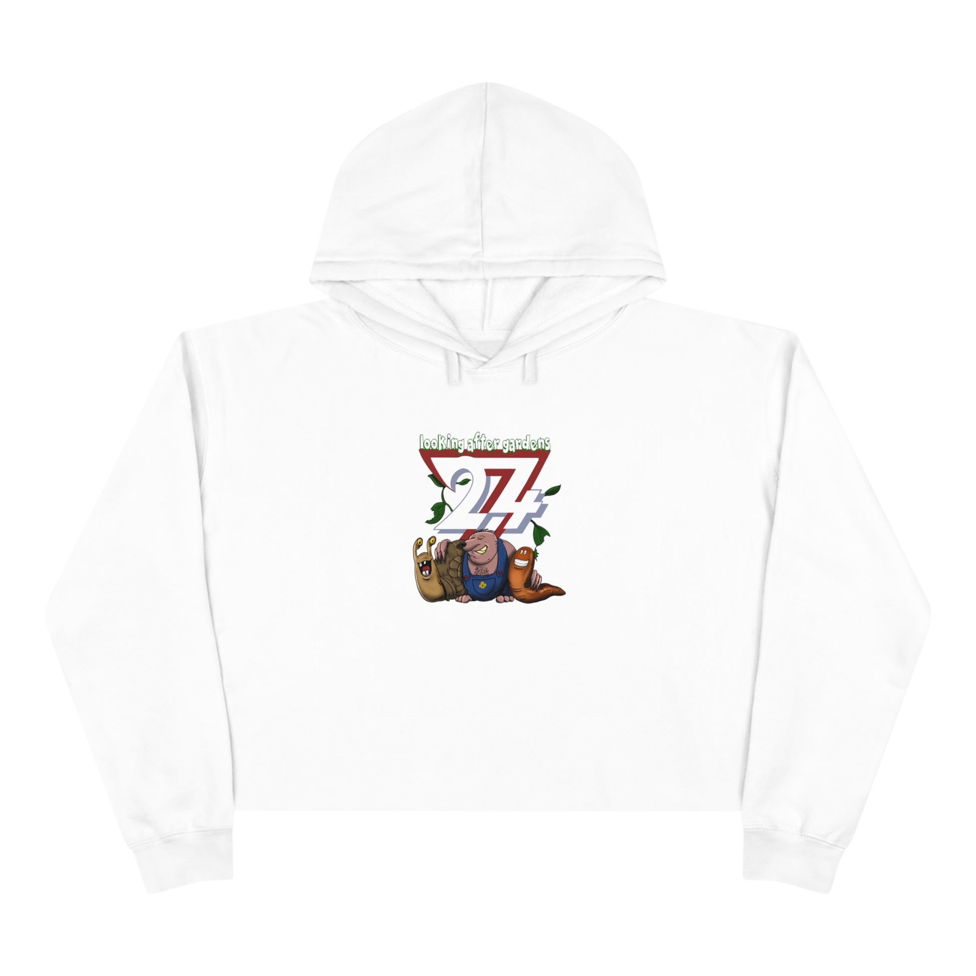 Unique Design gardening squad illustration printed crop hoodie white front view