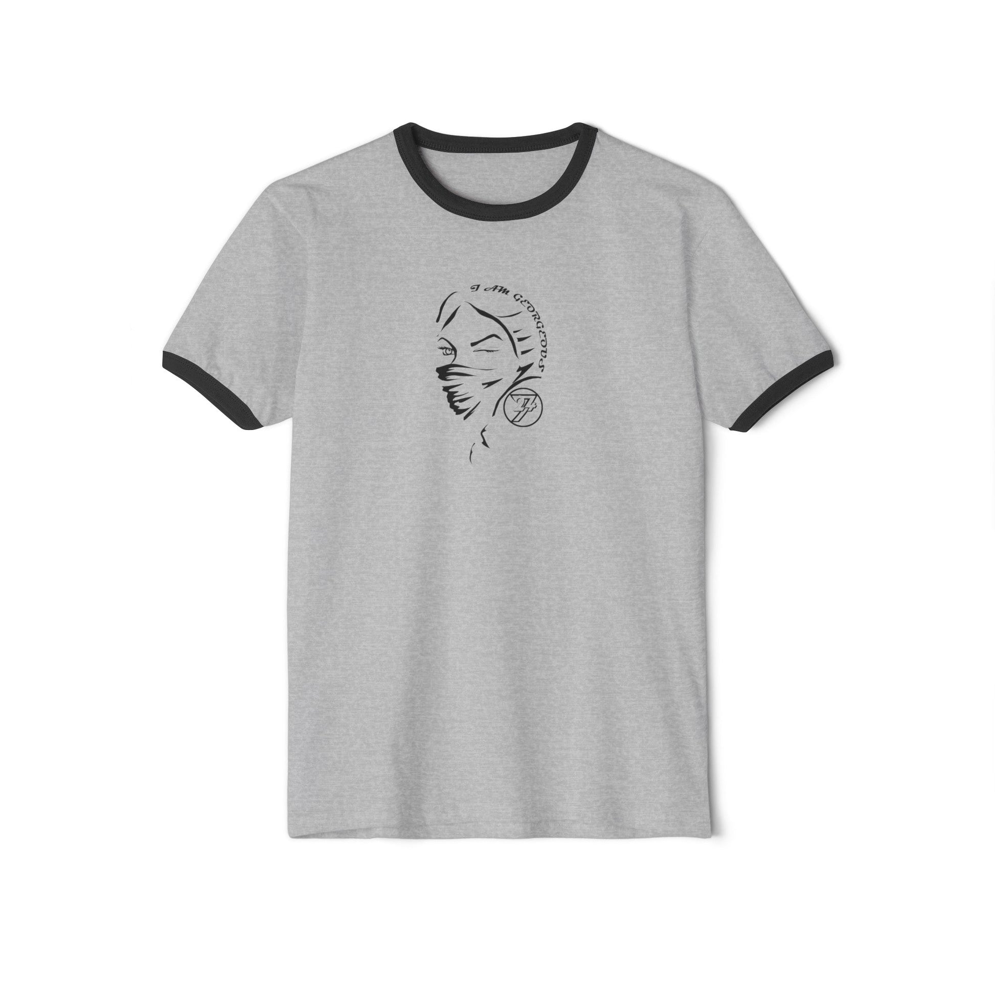 Unique Women T-shirt: "Being Gorgeous" Ringer T-Shirt by 24/7 Unique Designs grey-black front view