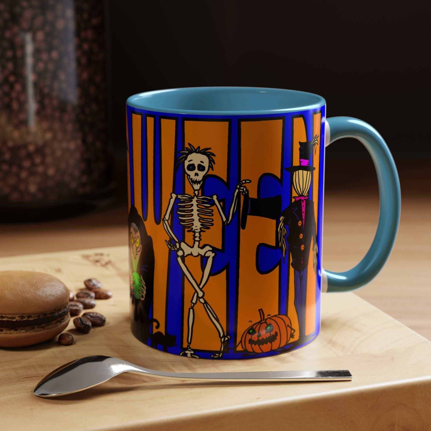 Colorful Halloween coffee mug in vibrant design, available in 11oz and 15oz sizes, ideal for spooky celebrations.