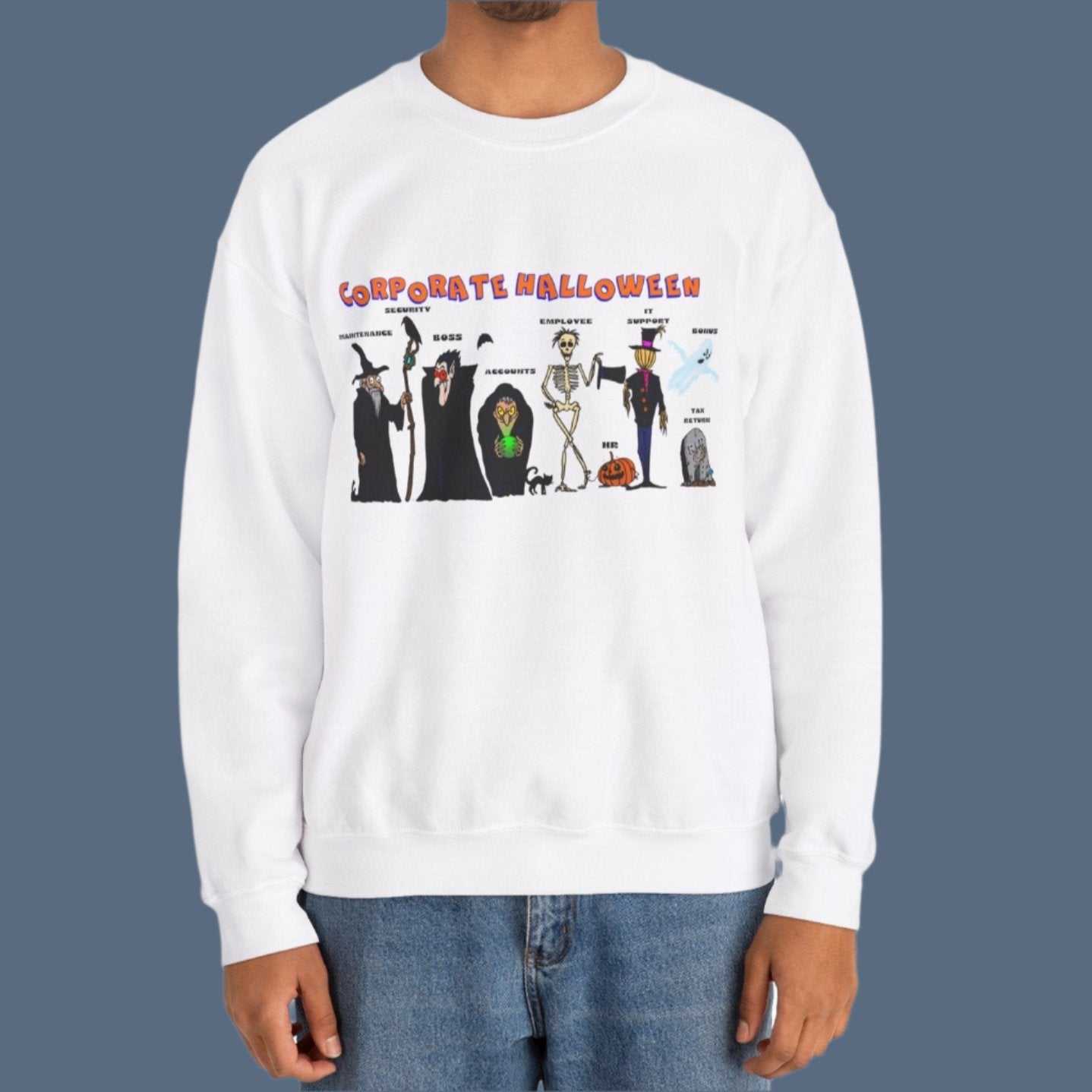 Sweatshirt for Halloween Funny Halloween Sweatshirt on person white color