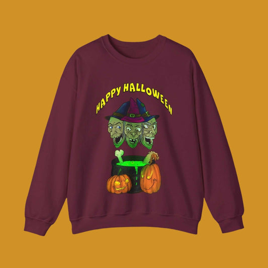 Sweatshirt for Halloween with skulls and witches design, featuring "Happy Halloween" text.