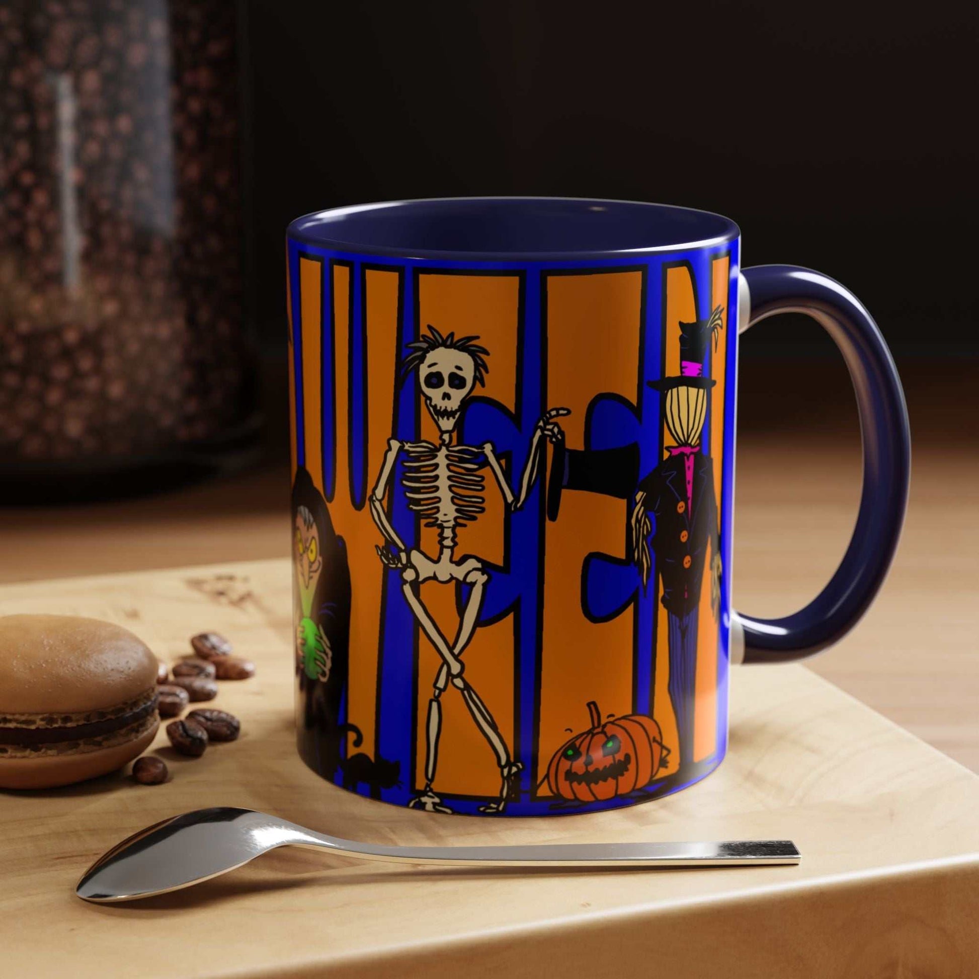 Halloween coffee mug with colorful spooky design, available in 11oz and 15oz sizes.