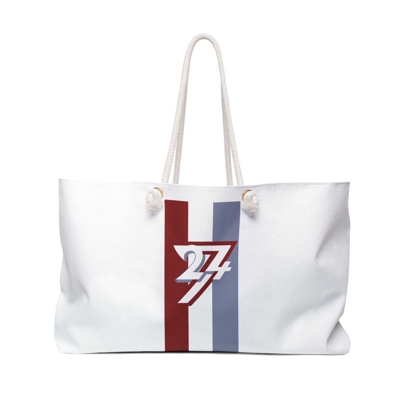 Stylish Weekender Bag with modern graphic design, white polyester, rope handles, spacious travel tote