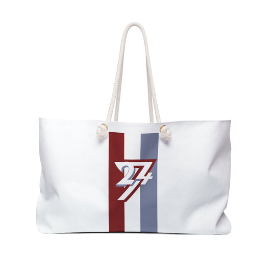 Stylish Weekender Bag with modern graphic design, white polyester, rope handles, spacious travel tote