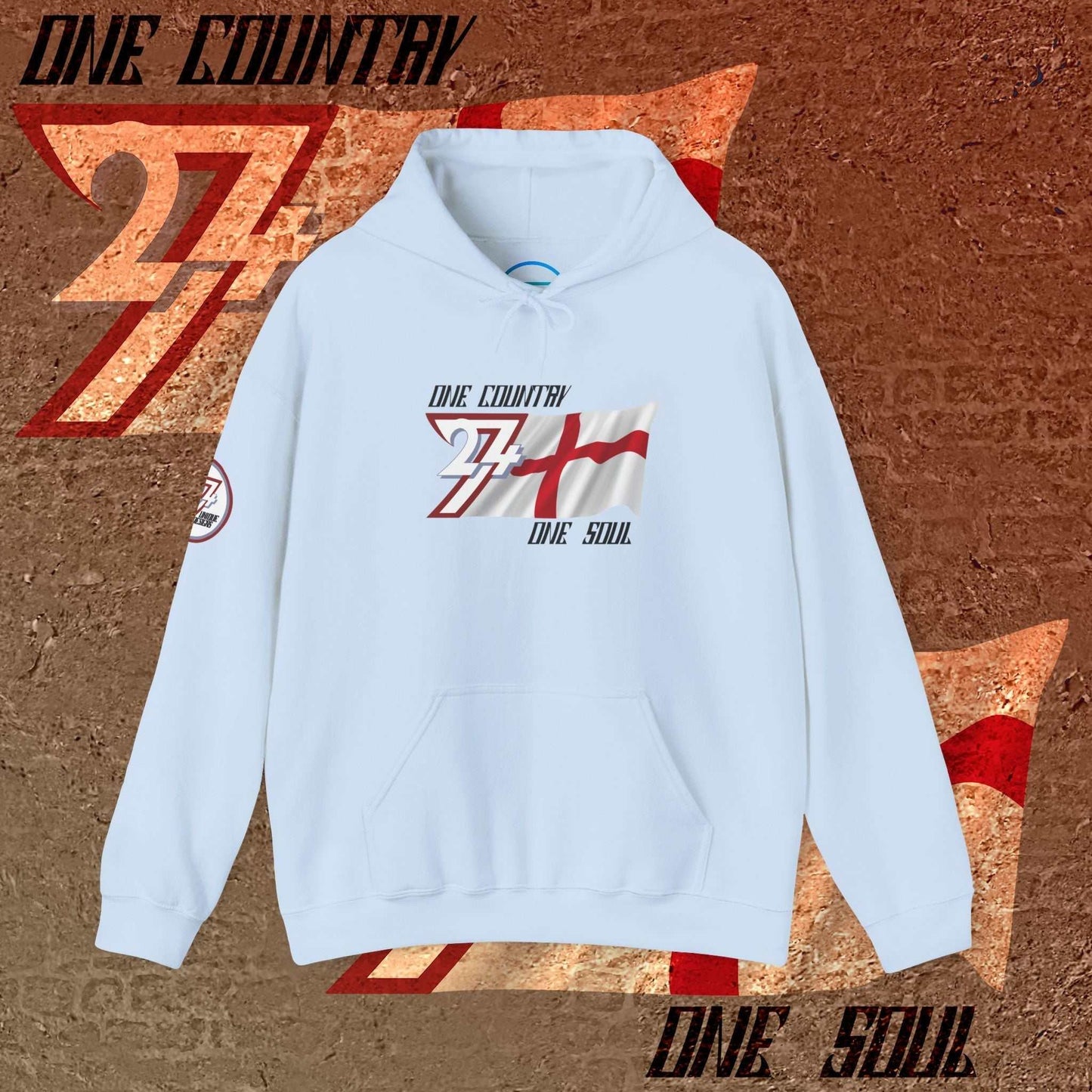 Light Blue England hoodie showing fleece lining and 24/7 signature sleeve branding.