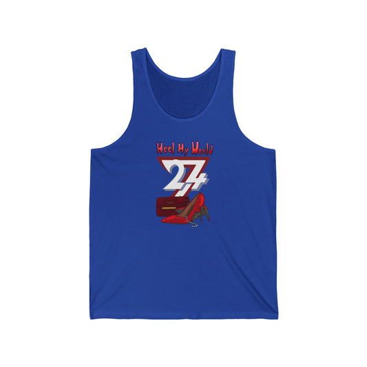 Unique design heel my world women's jersey tank top true royal