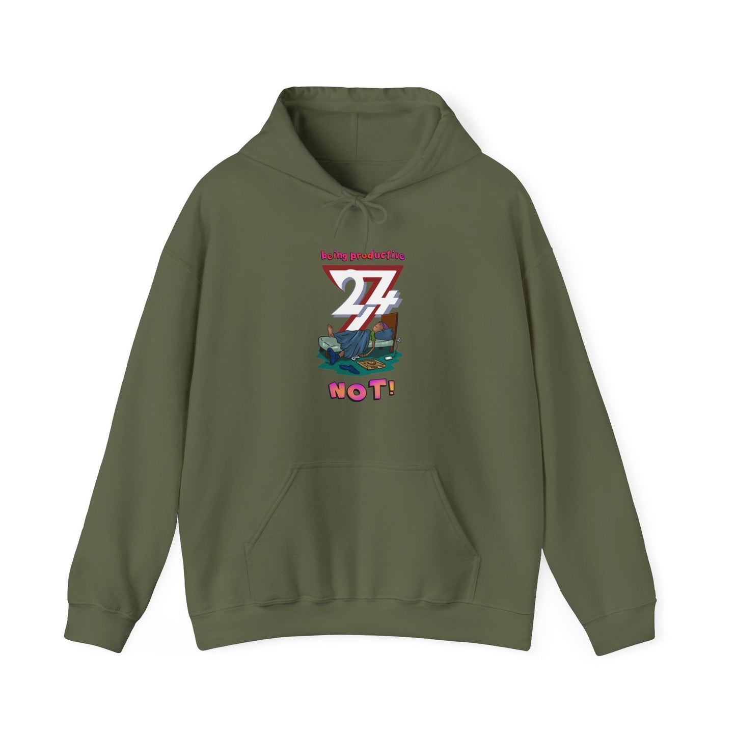 Unique hoodie with lazy teen print, olive green, by 24/7 Unique Designs.