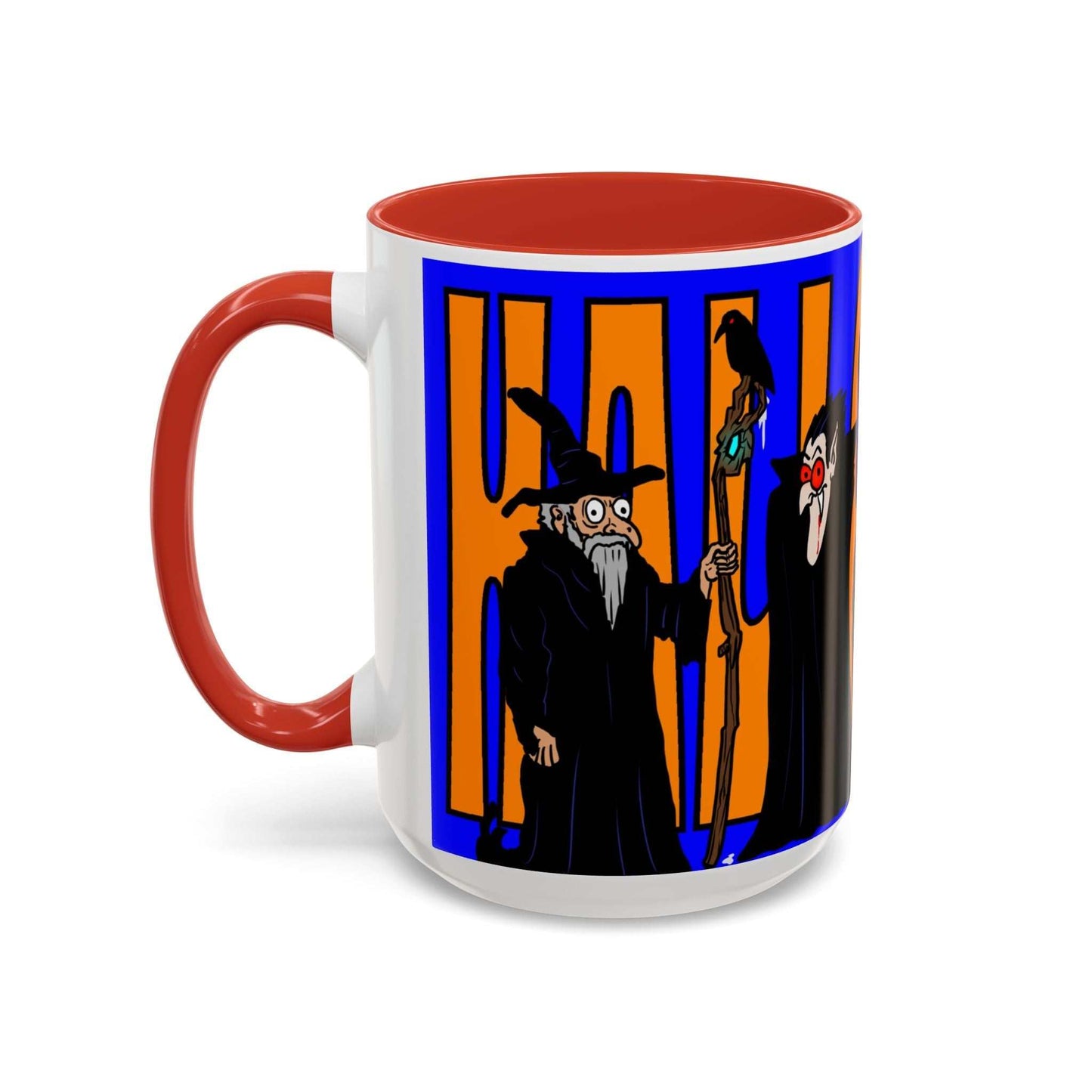 Halloween coffee mug with spooky design, available in 11oz and 15oz sizes, featuring vibrant colors and a colorful interior. Ideal for Halloween enthusiasts.