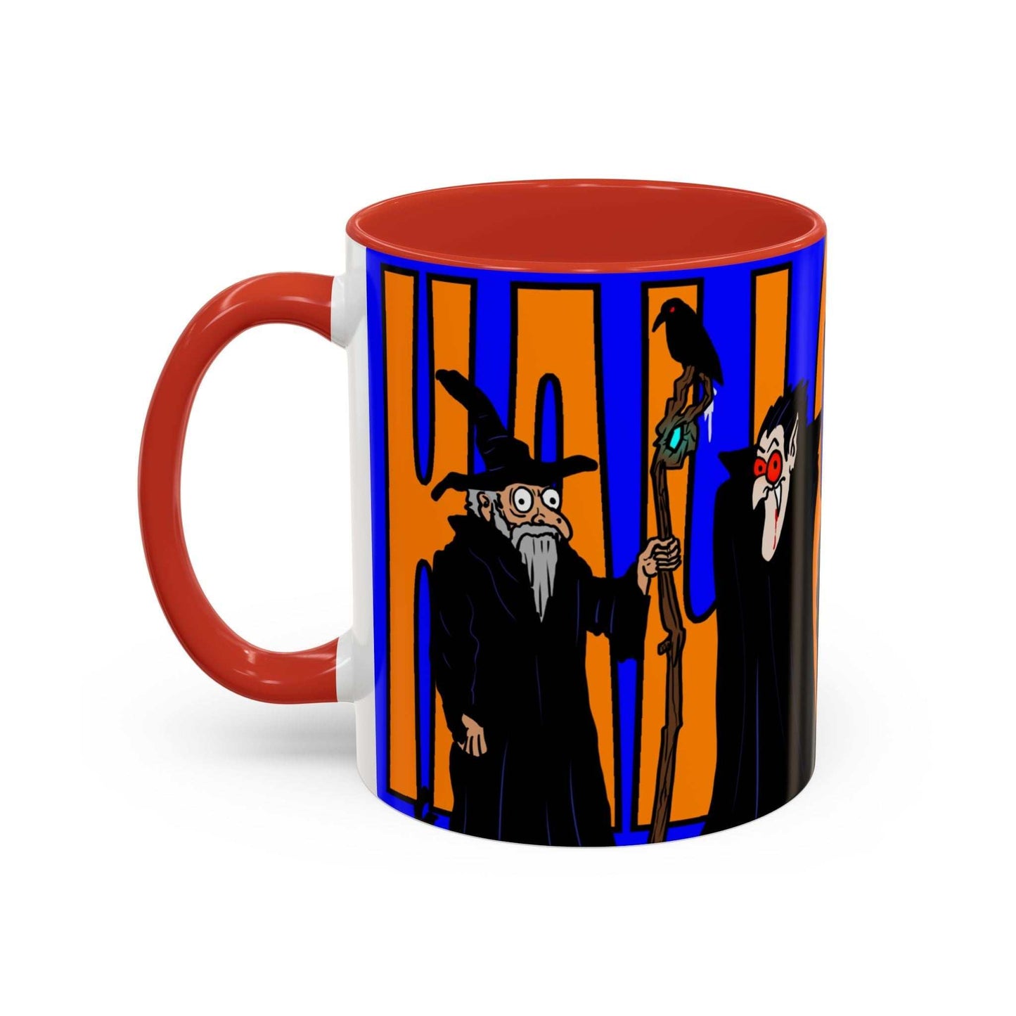 Halloween Coffee Mug with colorful spooky design, available in 11oz and 15oz sizes.