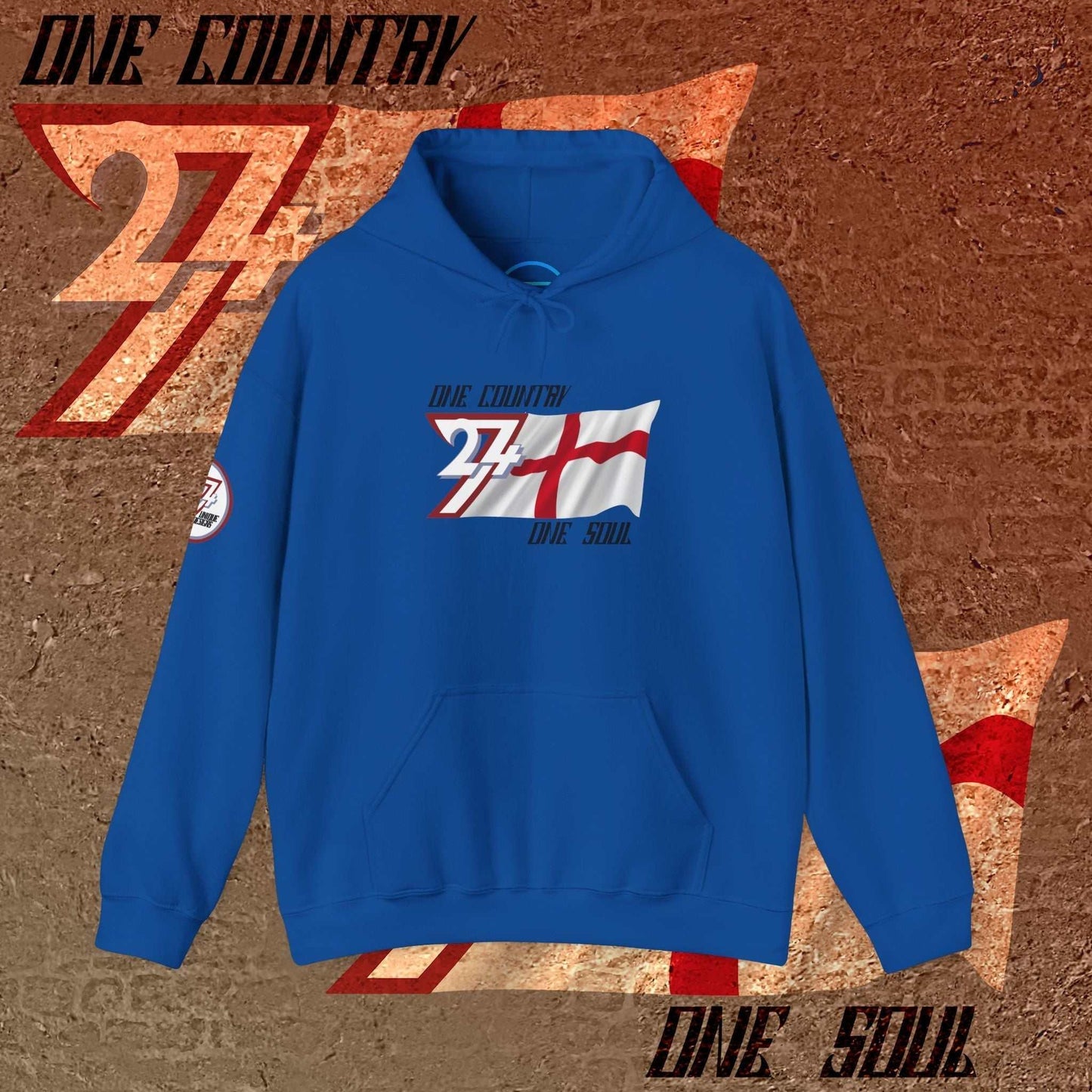 Royal Blue England hoodie featuring a modern, hand-drawn take on the St. George's Cross.
