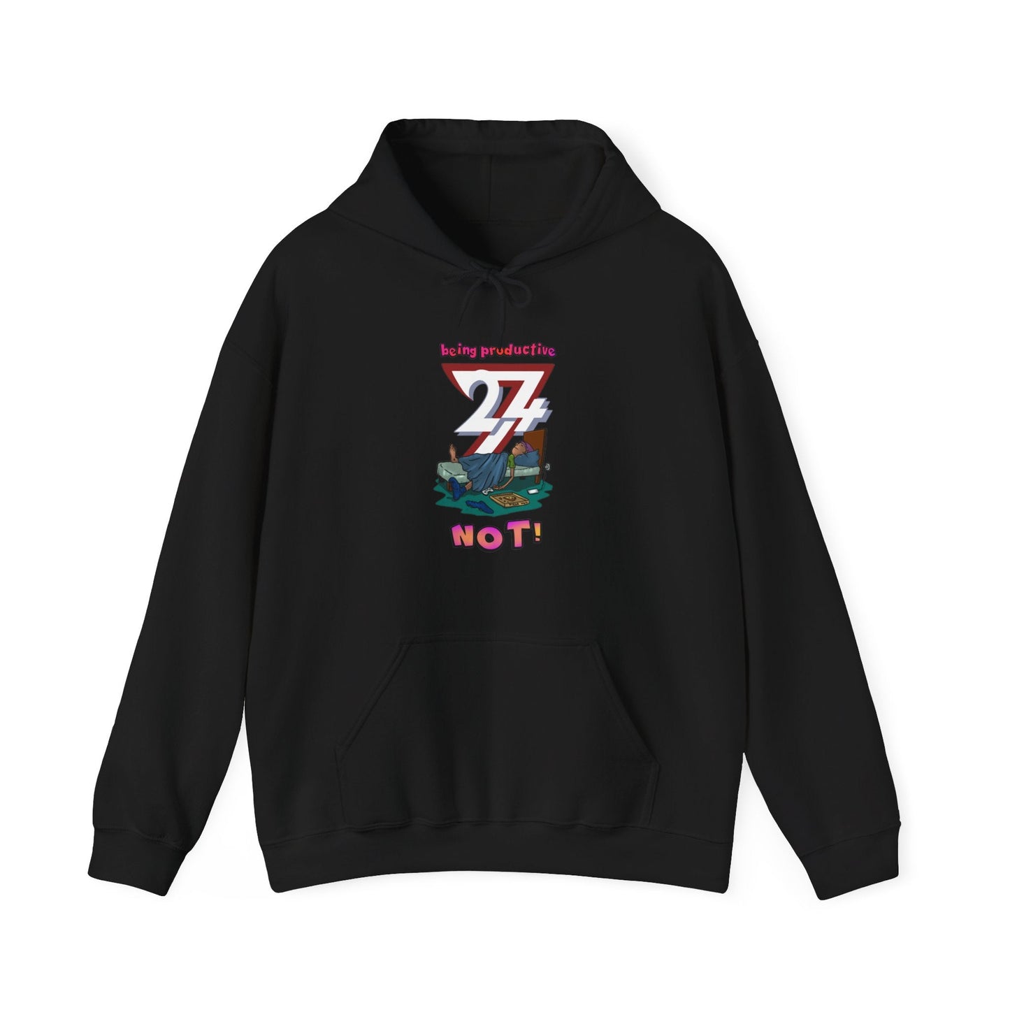 Black hoodie with "24/7 Not" print featuring lazy teen graphic design; comfortable and unique style.