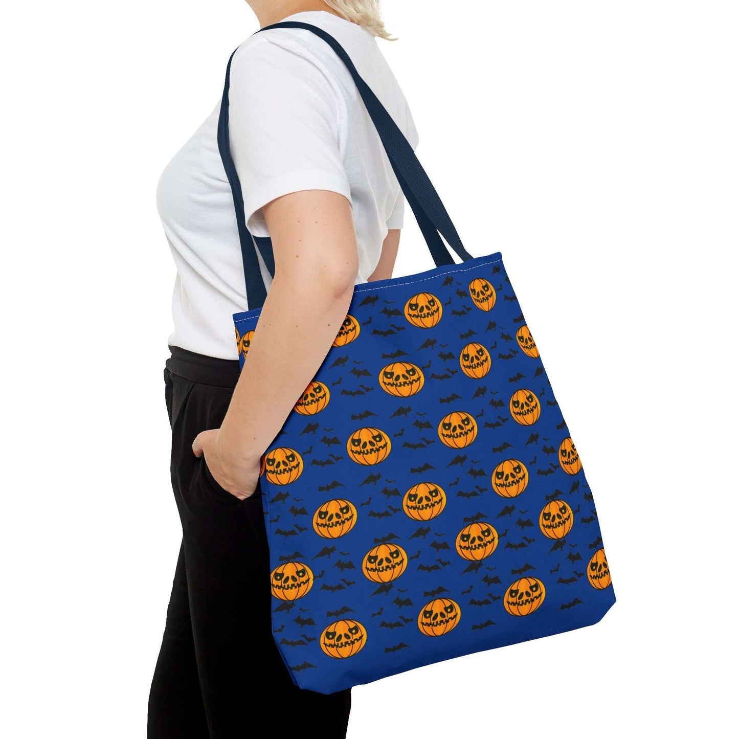 Pumpkins and Bats Halloween Tote Bag large navy