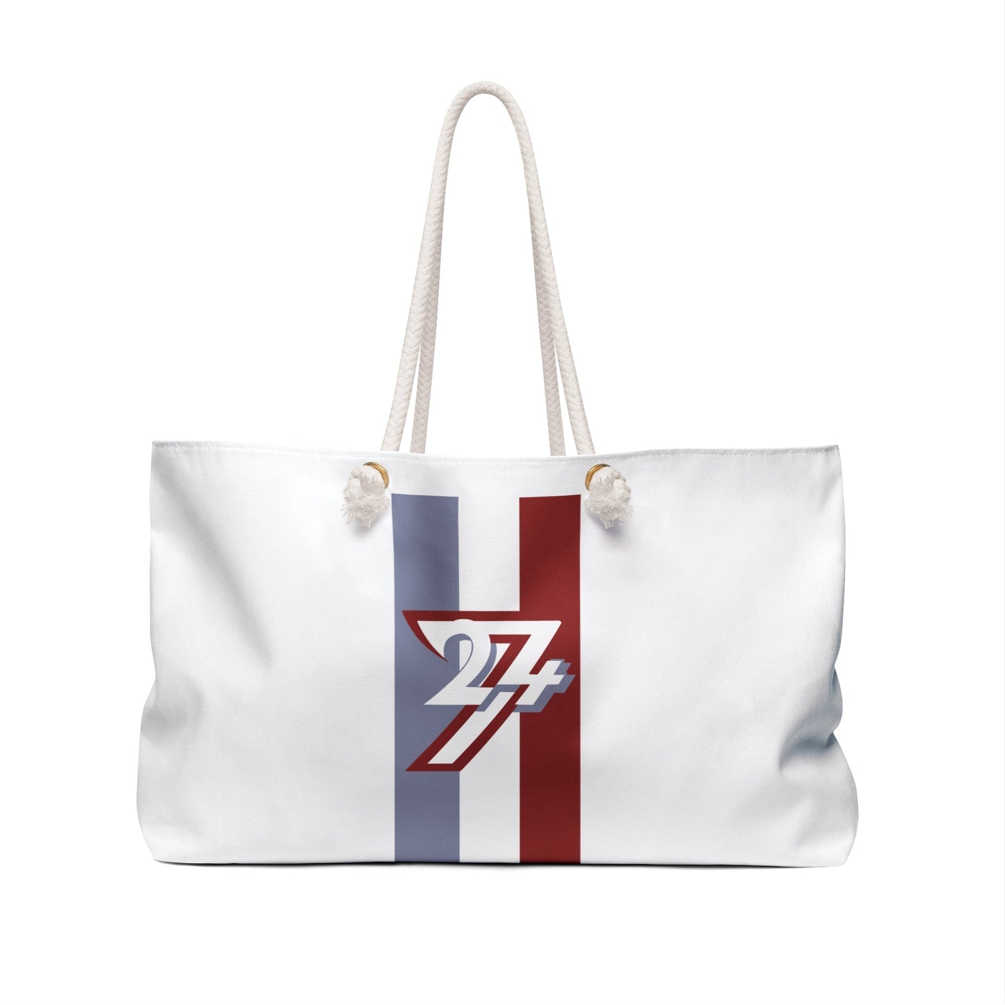 Stylish Weekender Bag with modern graphic design, rope handles, and spacious interior for travel and casual use