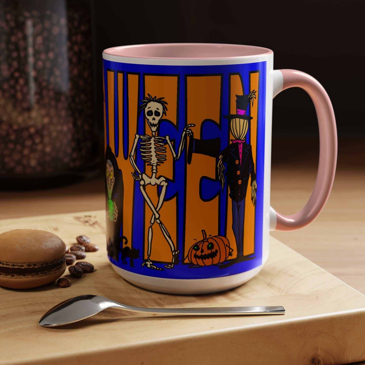 Halloween coffee mug with colorful design, available in 11oz and 15oz sizes.