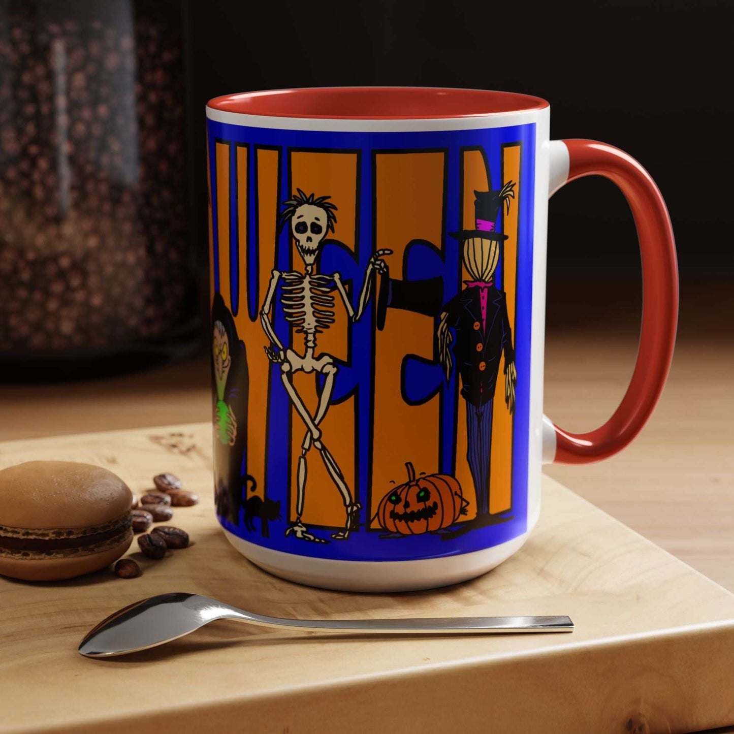 Halloween Coffee Mug with vibrant design, 11oz/15oz sizes, perfect for spooky drinks.