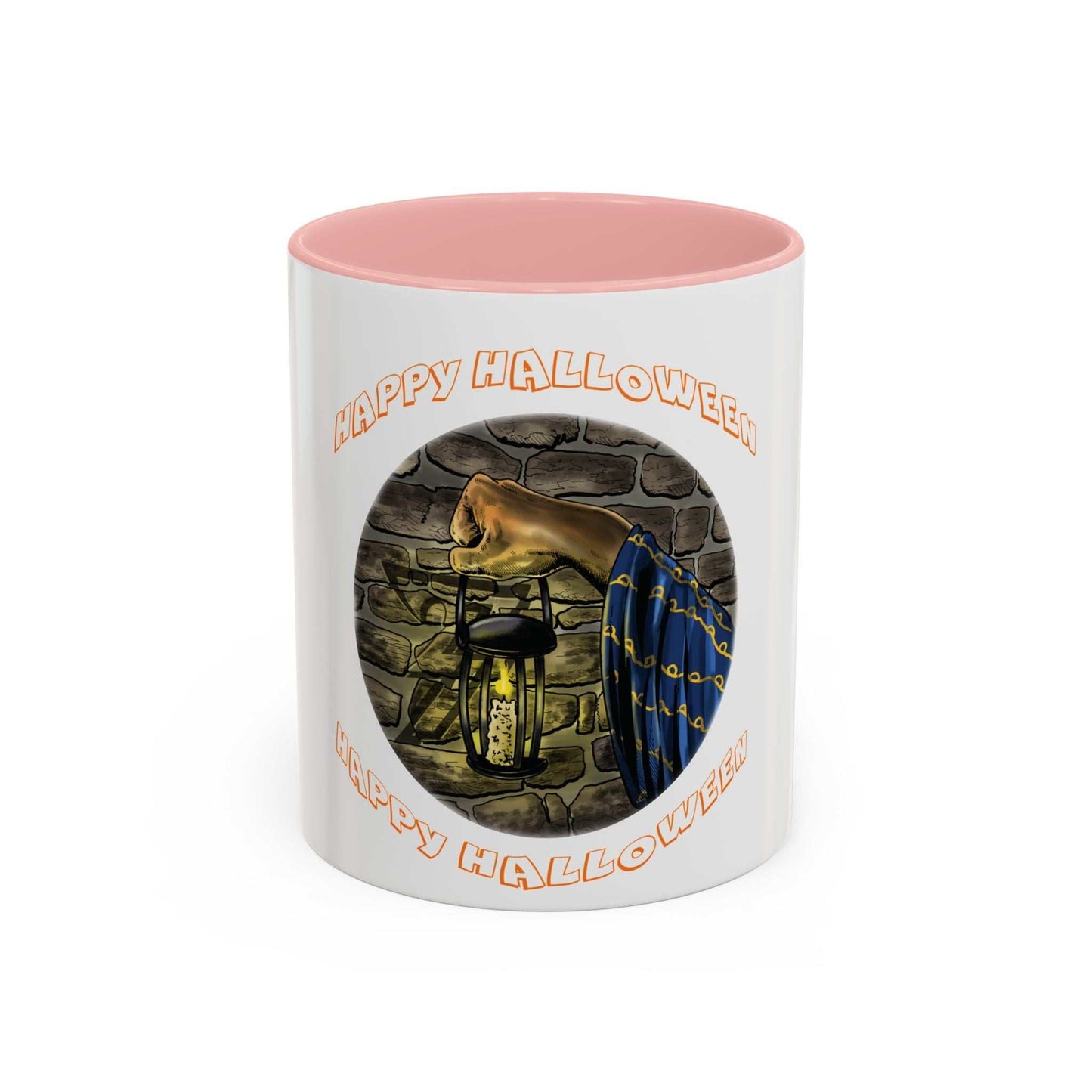 Halloween Wizard Coffee Mug with vibrant design, pink interior, and C-shaped handle.