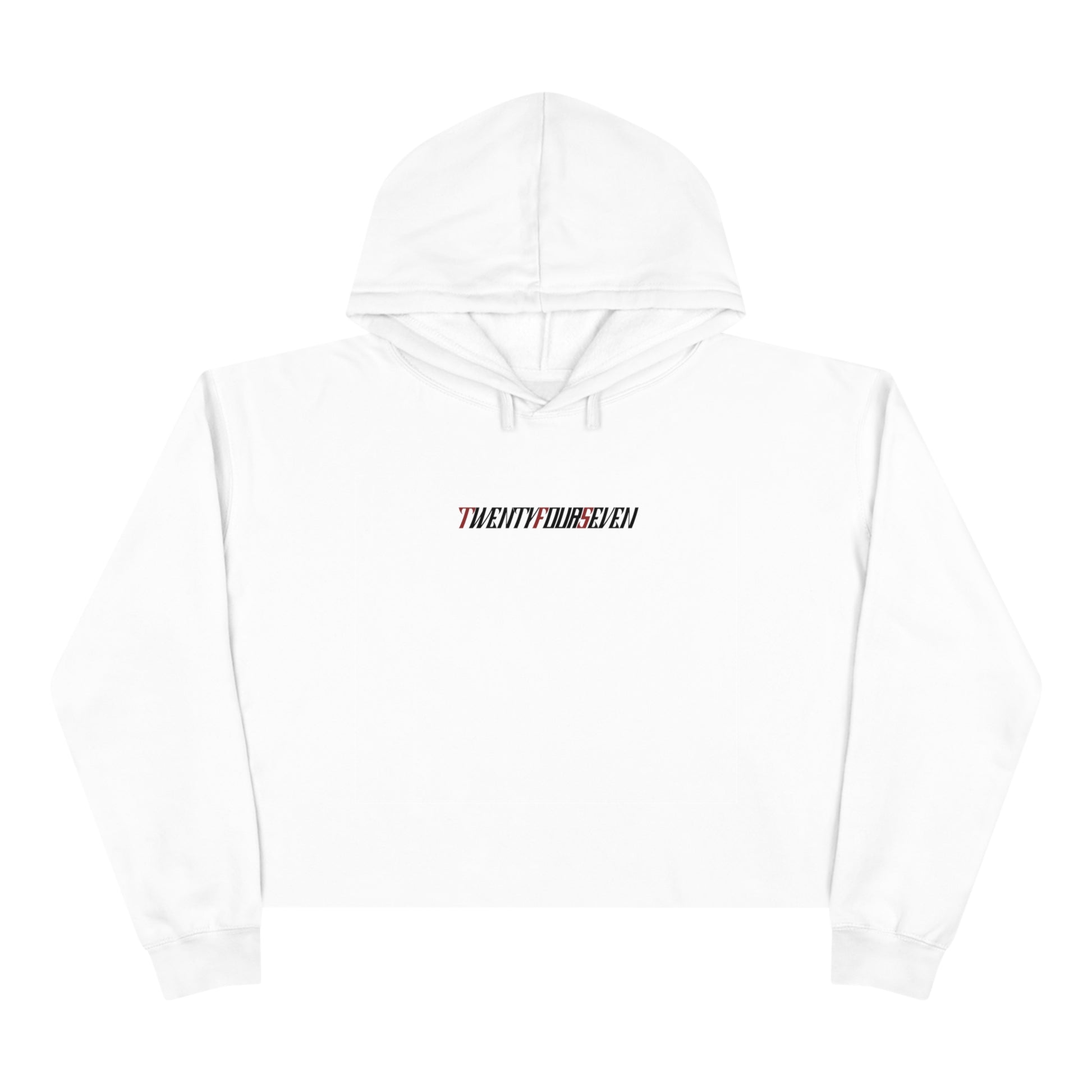 Unique Design twentyfourseven text women's crop hoodie white front view