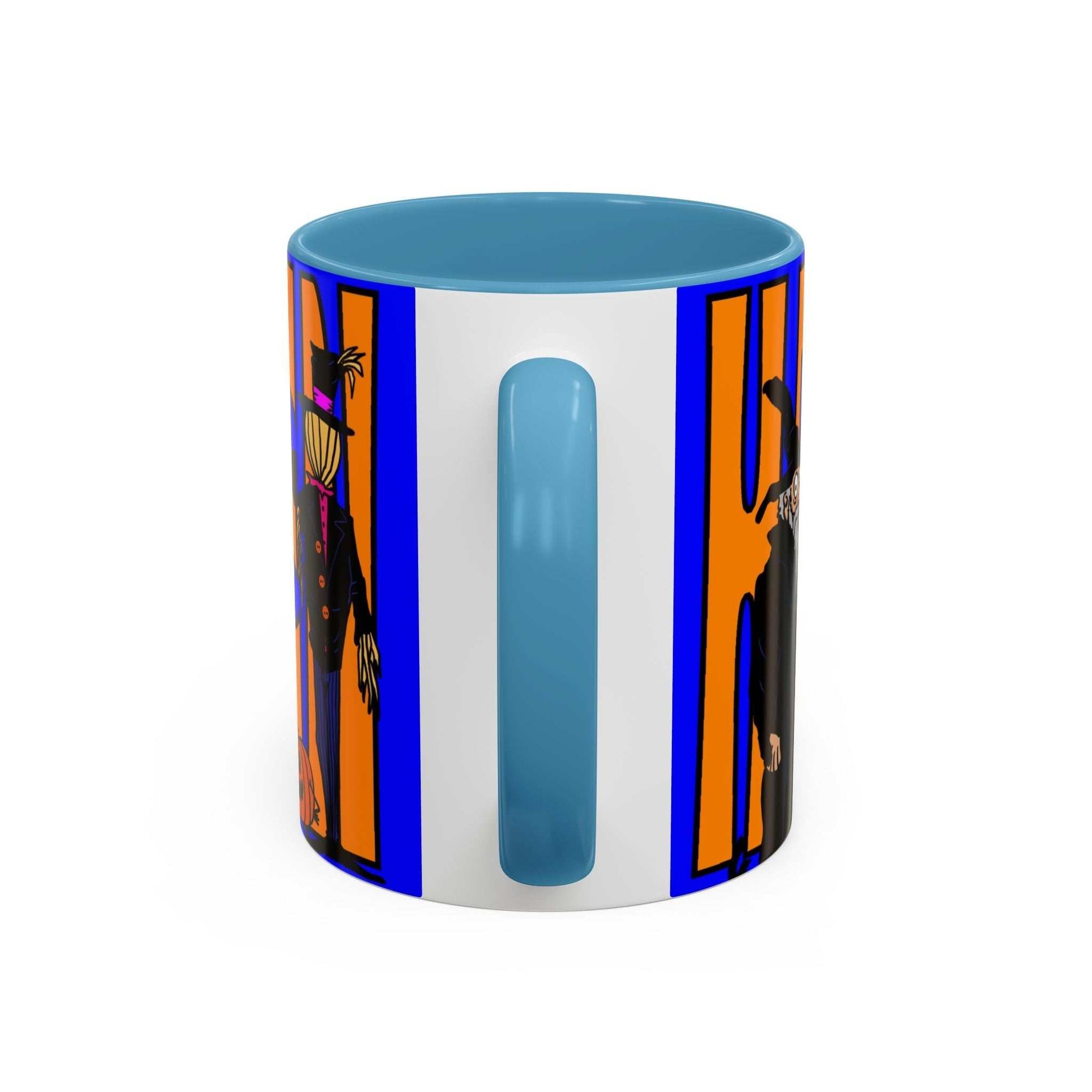 Halloween Coffee Mug with spooky design, 11oz and 15oz sizes, blue handle and interior.