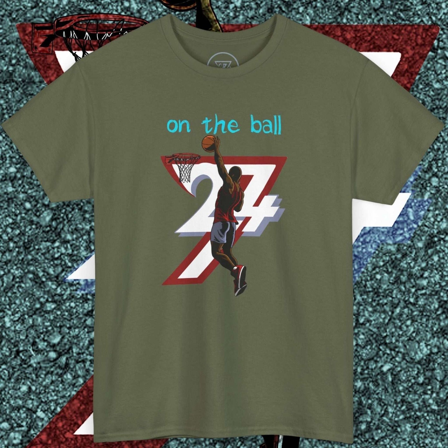 90s comic-style basketball tee with hand-drawn player dunk graphic on olive green shirt