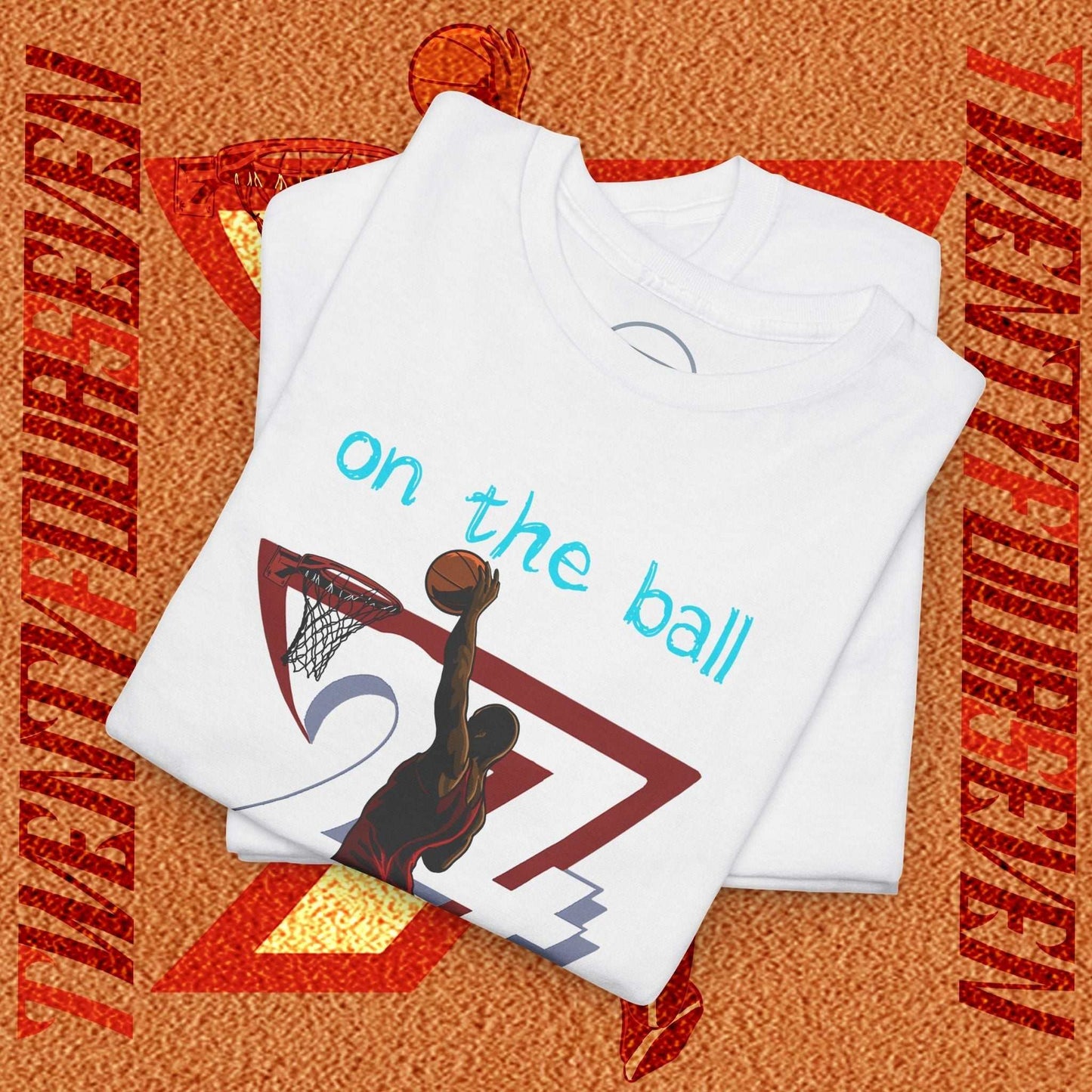 90s comic-style white basketball tee with hand-drawn dunk graphic and "on the ball" text