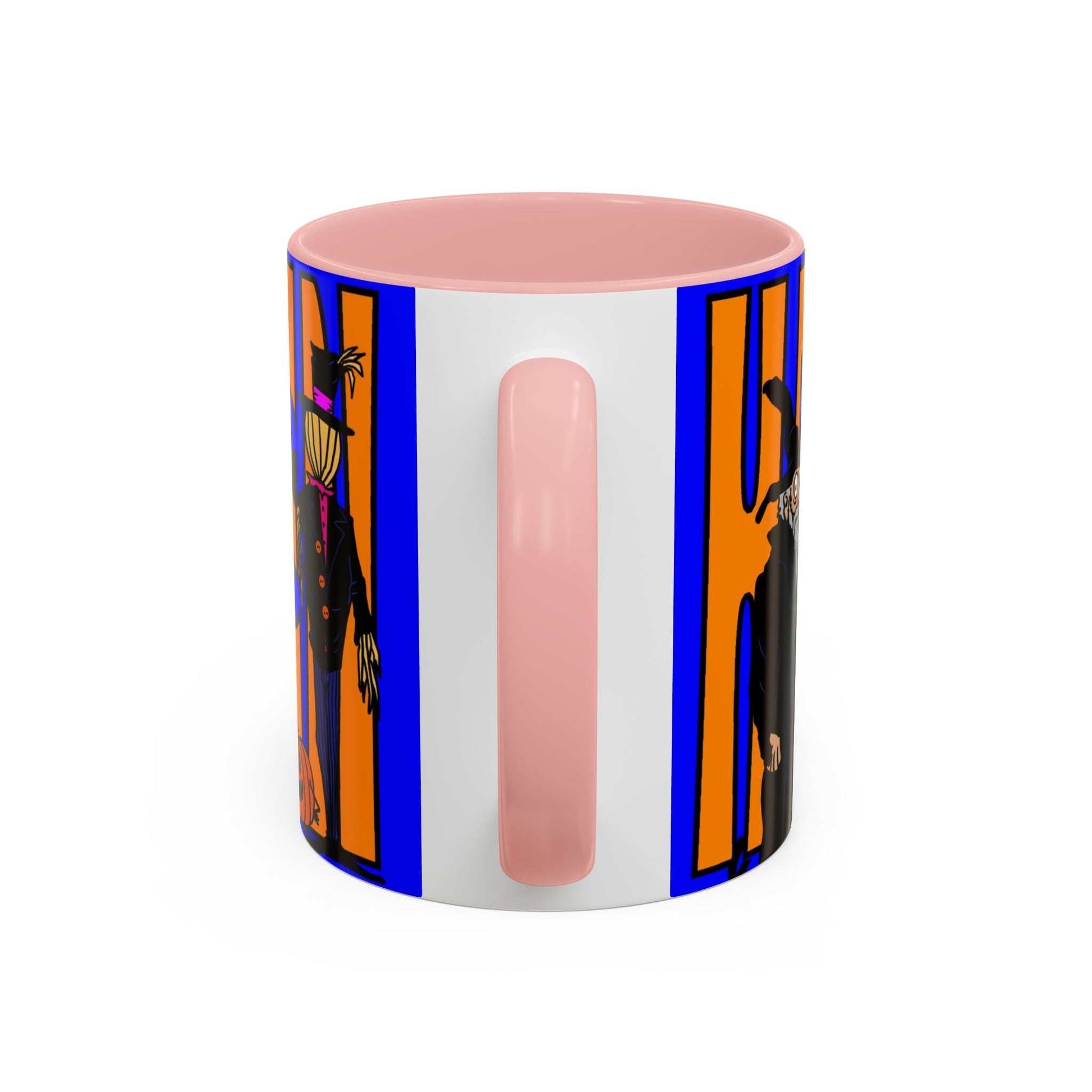 Halloween coffee mug with colorful design, available in 11oz and 15oz, featuring pink interior and handle.