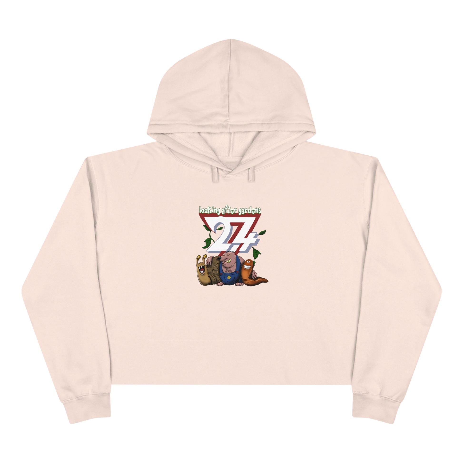 Unique Design gardening squad illustration printed crop hoodie pale pink front view