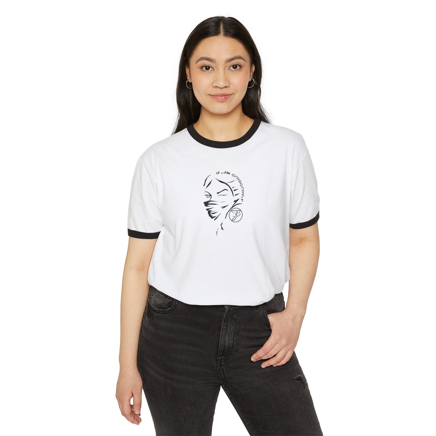 Unique Women T-shirt: "Being Gorgeous" Ringer T-Shirt by 24/7 Unique Designs white-black with person