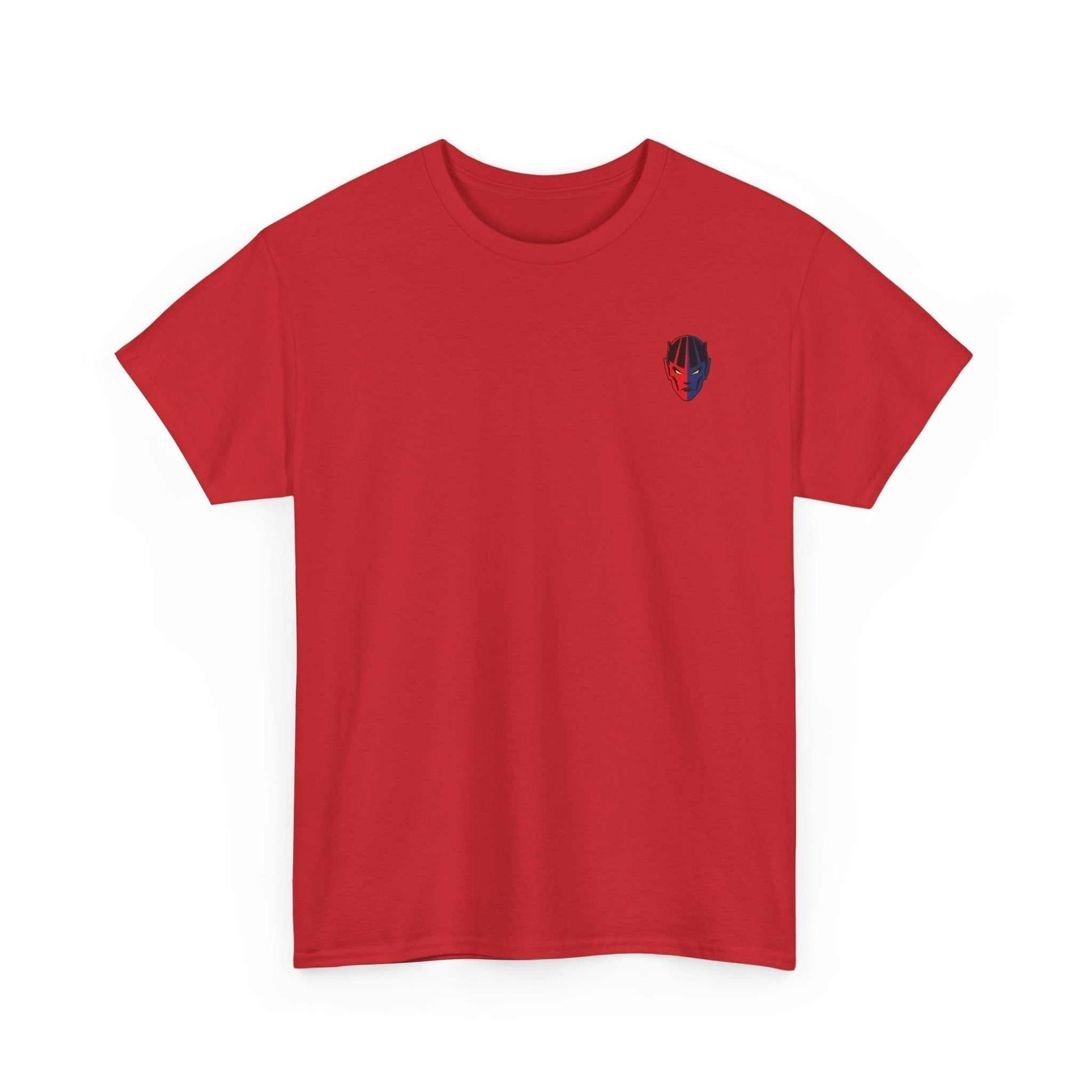 Red gym t-shirt with small superhero mask graphic on front, comfortable cotton workout tee
