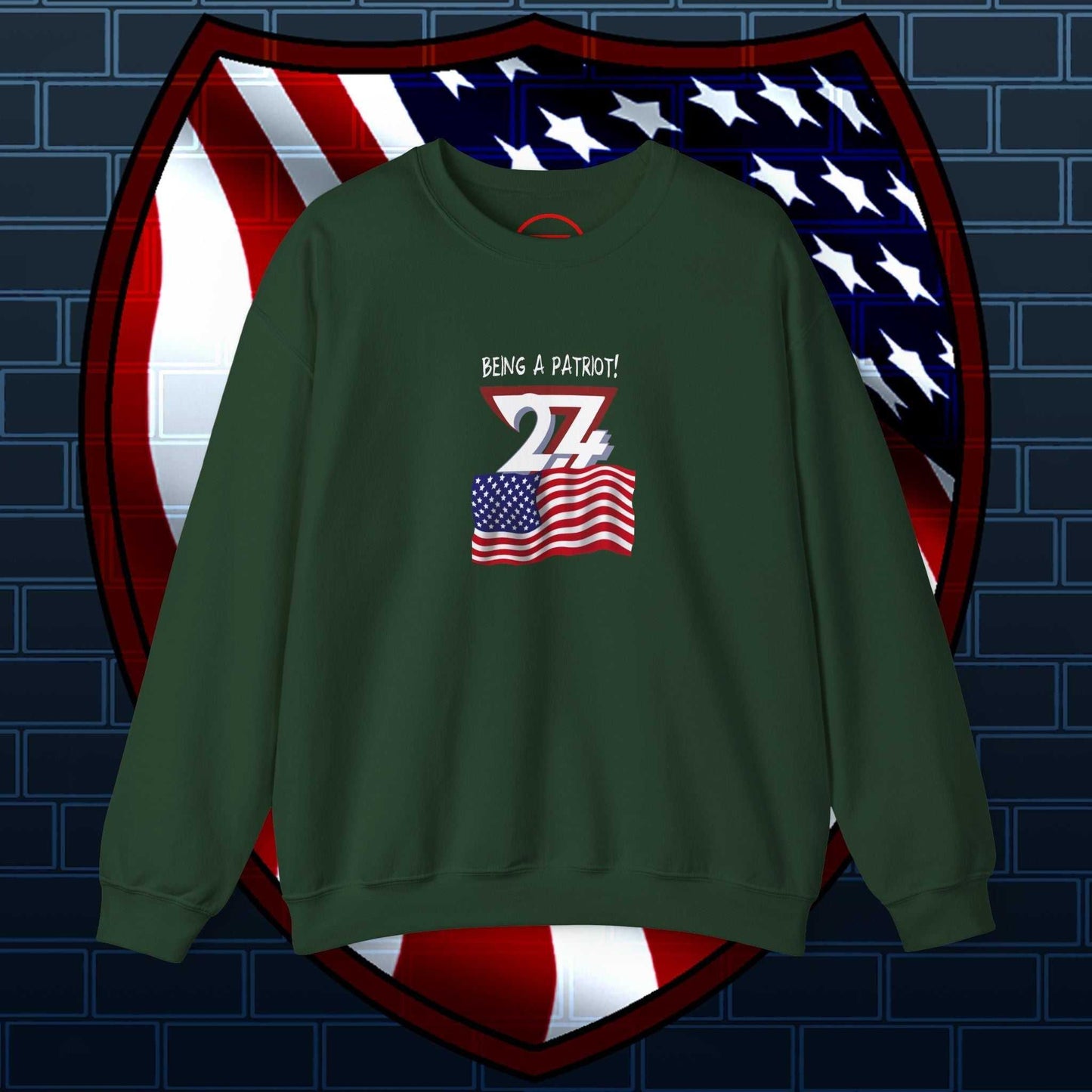 American Flag Patriot Sweatshirt in green with USA flag and "Being a Patriot" text, unisex cotton-poly blend for comfort and durability.