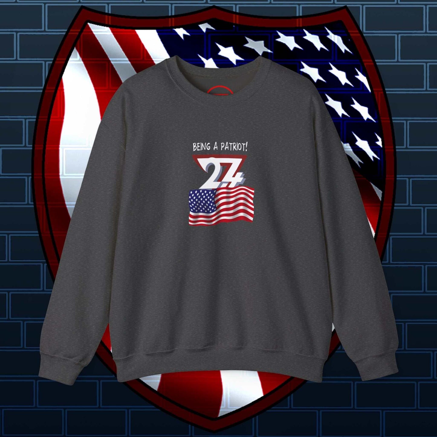 American Flag Patriot Sweatshirt with hand-drawn US flag design, unisex adult fit, cotton-poly blend for comfort and durability