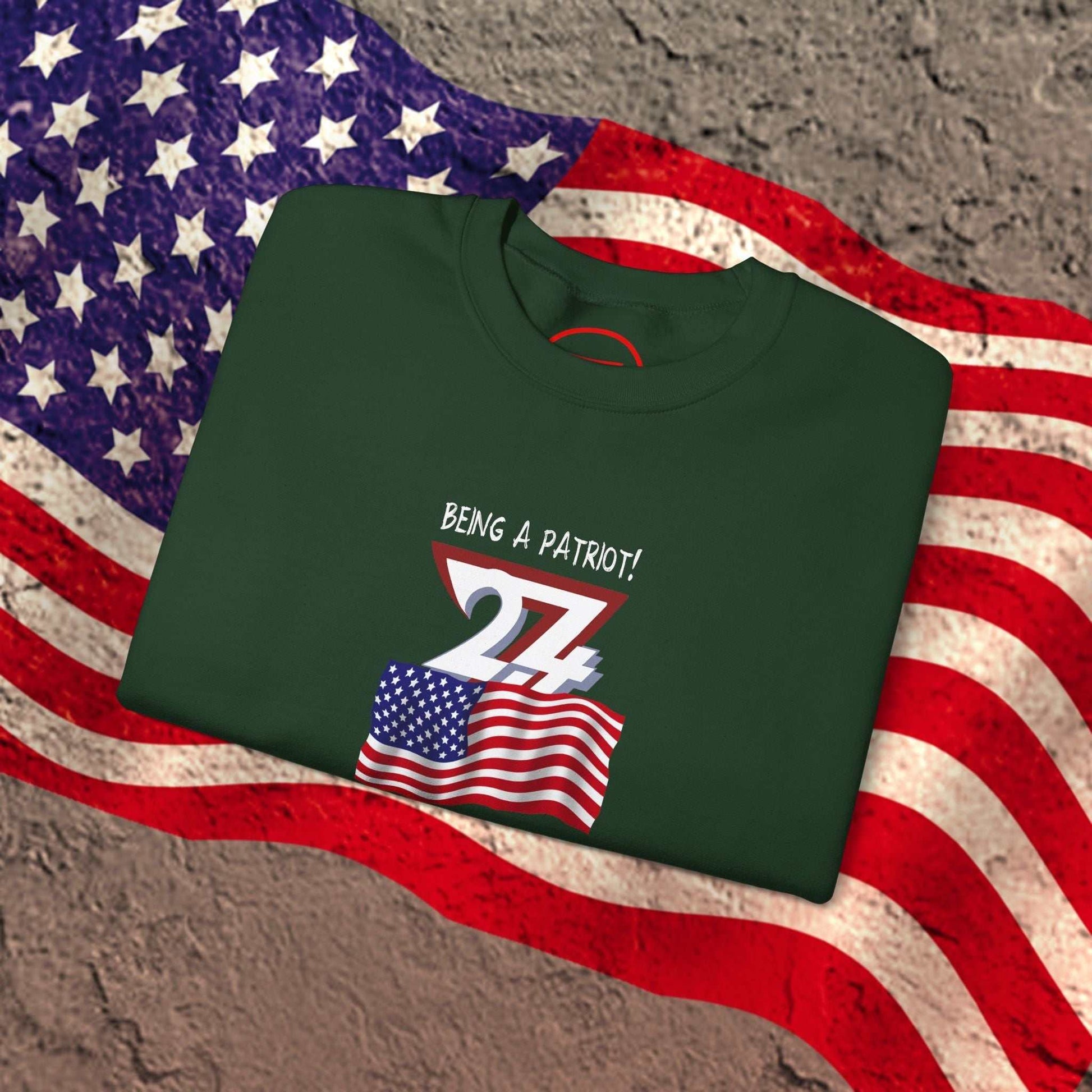 American Flag Patriot Sweatshirt with hand-drawn flag design, unisex adult USA apparel for patriotic pride