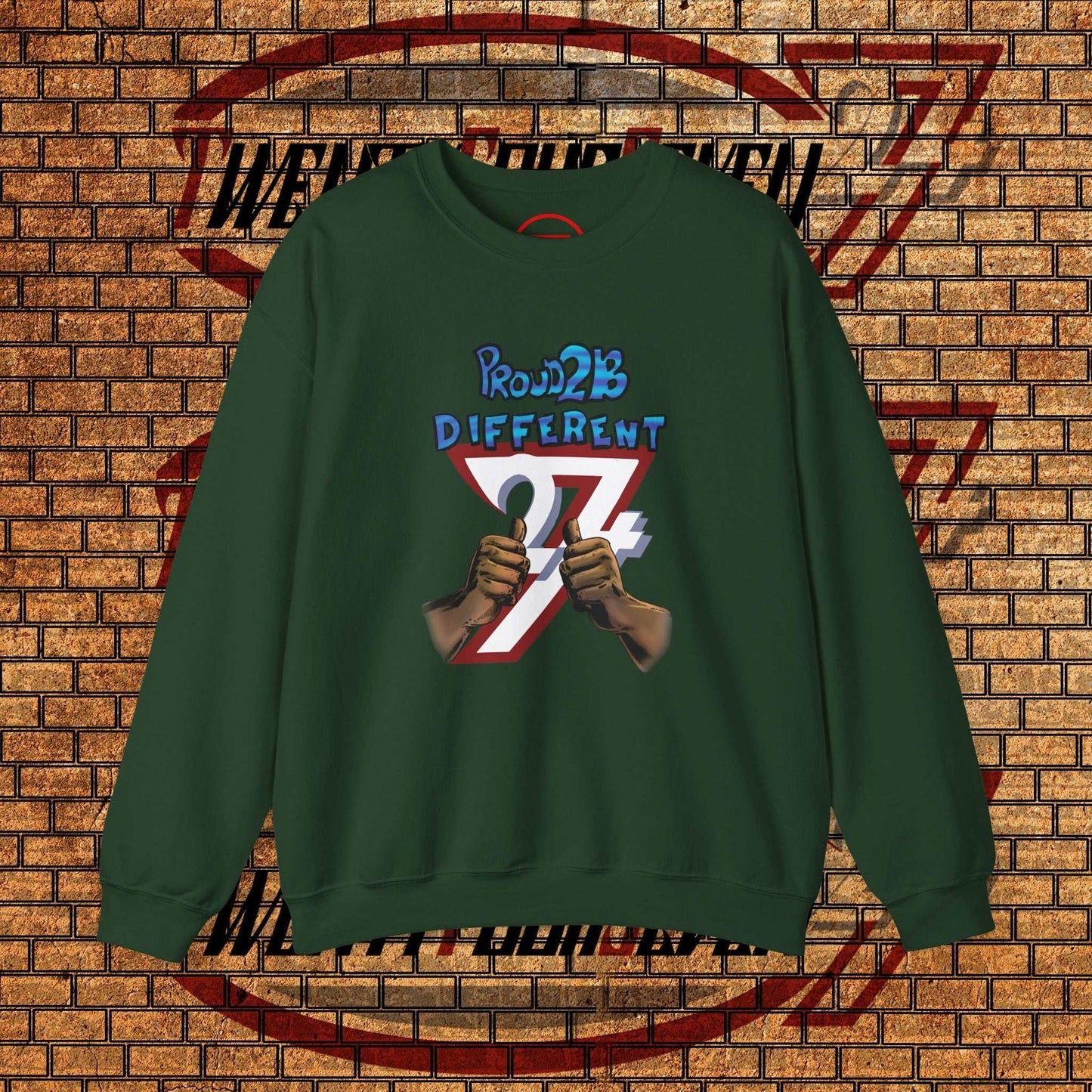 Artistic sweatshirt crewneck with "proud 2 b different" slogan and hand-drawn graphic on green fabric