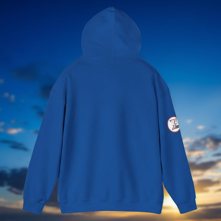 Back view of blue ping pong hoodie with adjustable hood and kangaroo pocket, hand-drawn design, cotton-polyester blend