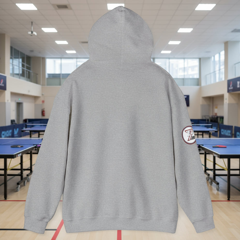Back view of gray ping pong hoodie with hand-drawn design on sleeve, adjustable hood, and kangaroo pocket, made from cotton-polyester blend