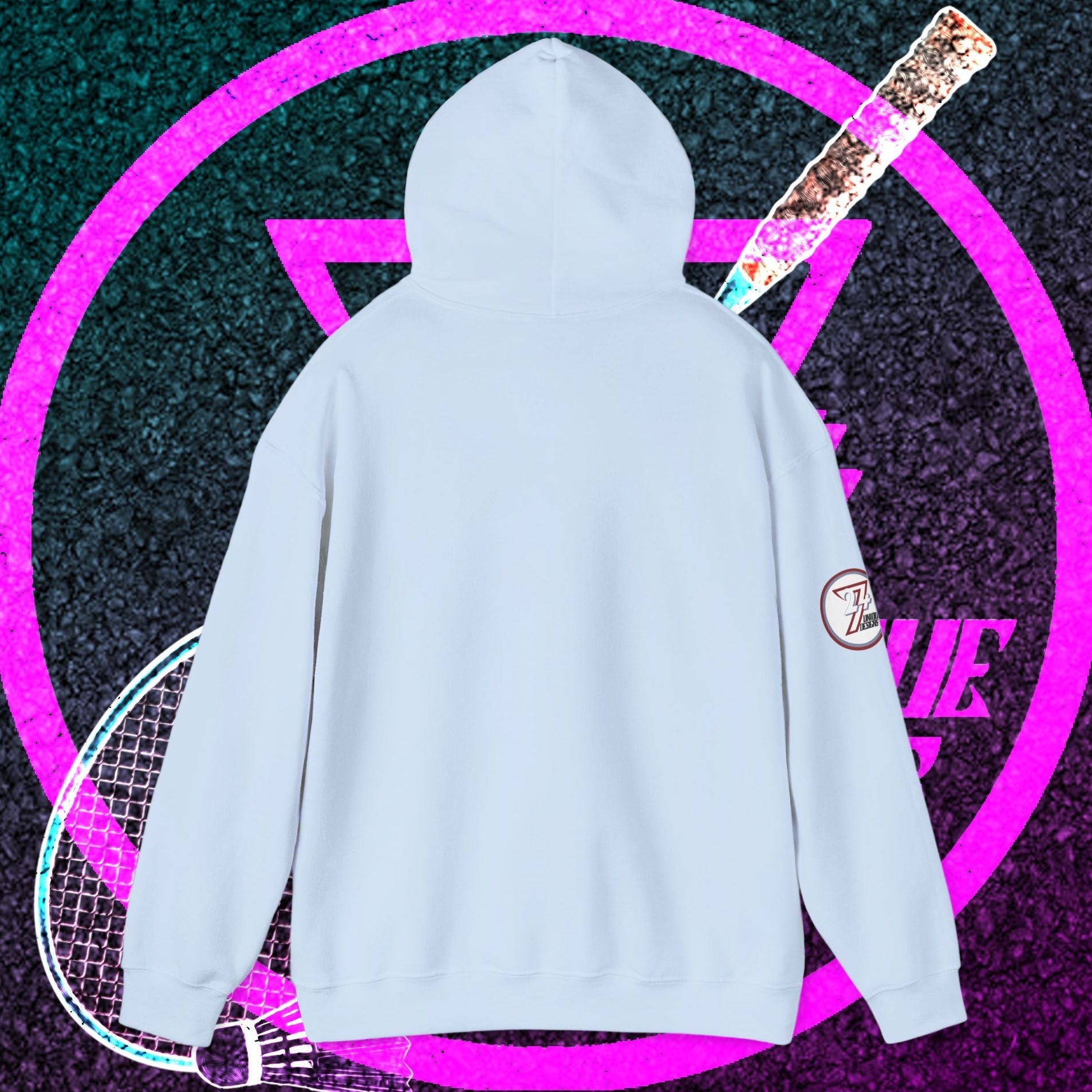 Back view of light blue badminton hoodie sweatshirt with drawstring hood and kangaroo pocket, suitable for outdoor sports and casual wear