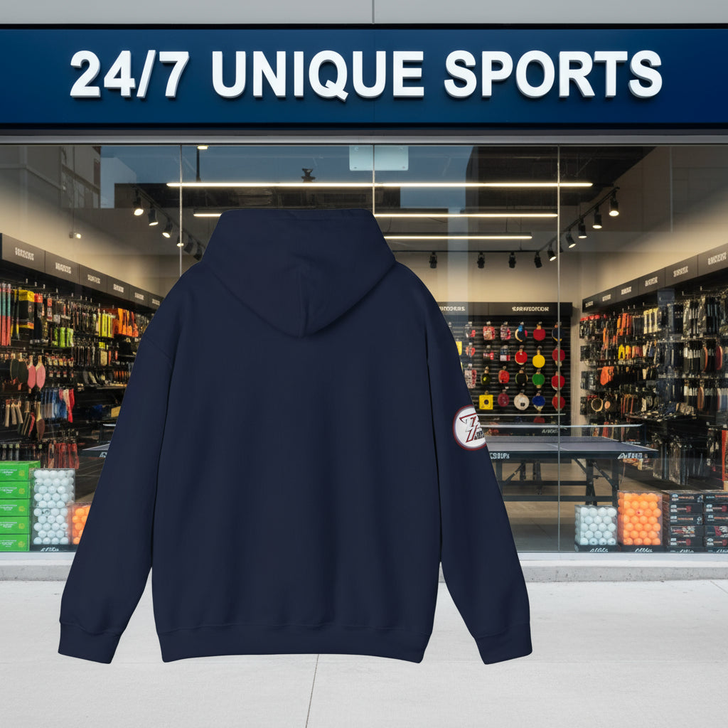 Back view of navy blue ping pong hoodie with hand-drawn design on sleeve and adjustable hood.