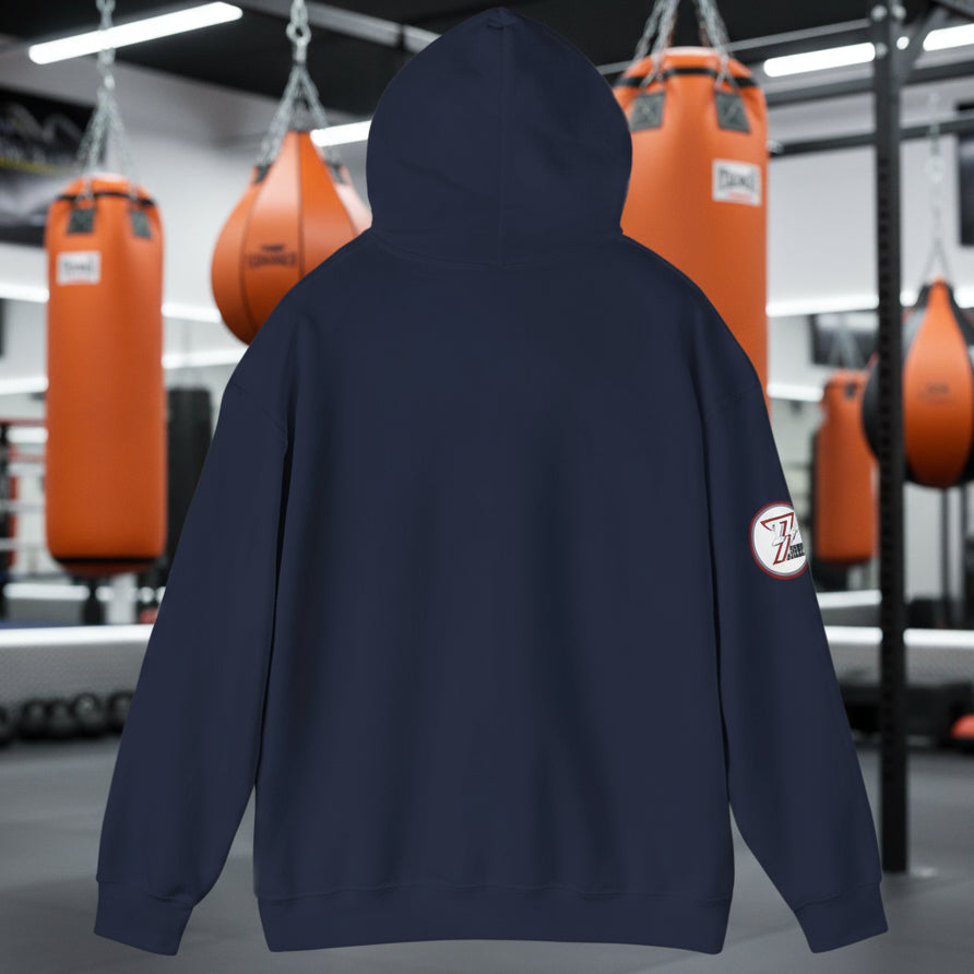 Back view of navy blue women's boxing hoodie with adjustable hood and sleeve patch, back view